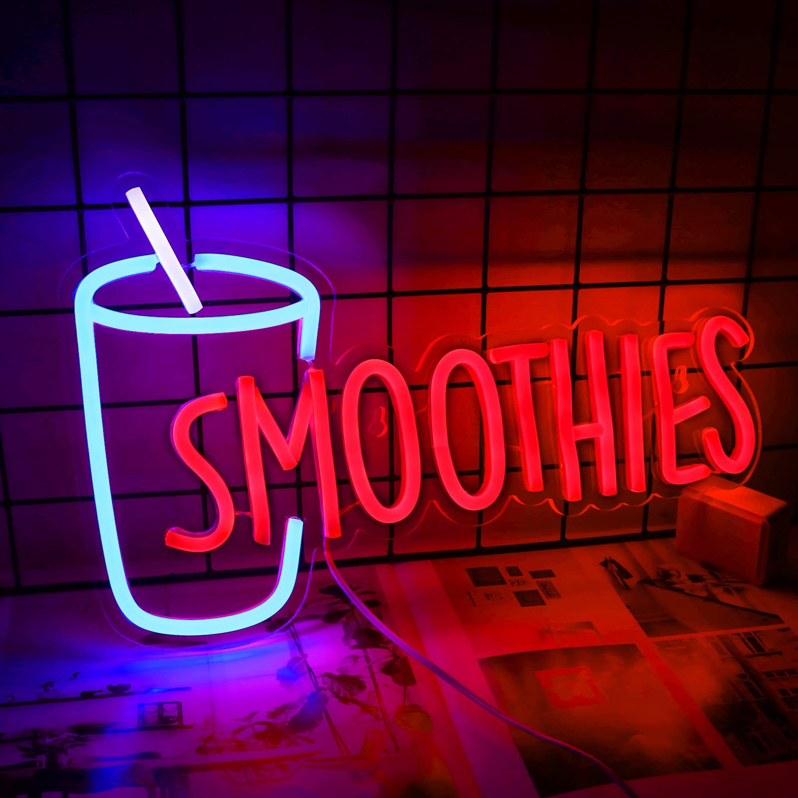 Vinray Neon Sign for Smoothies Bar, LED Wall or Window Display, 14.5x8.6 inches, Plastic, Super Bright, USB Power Supply