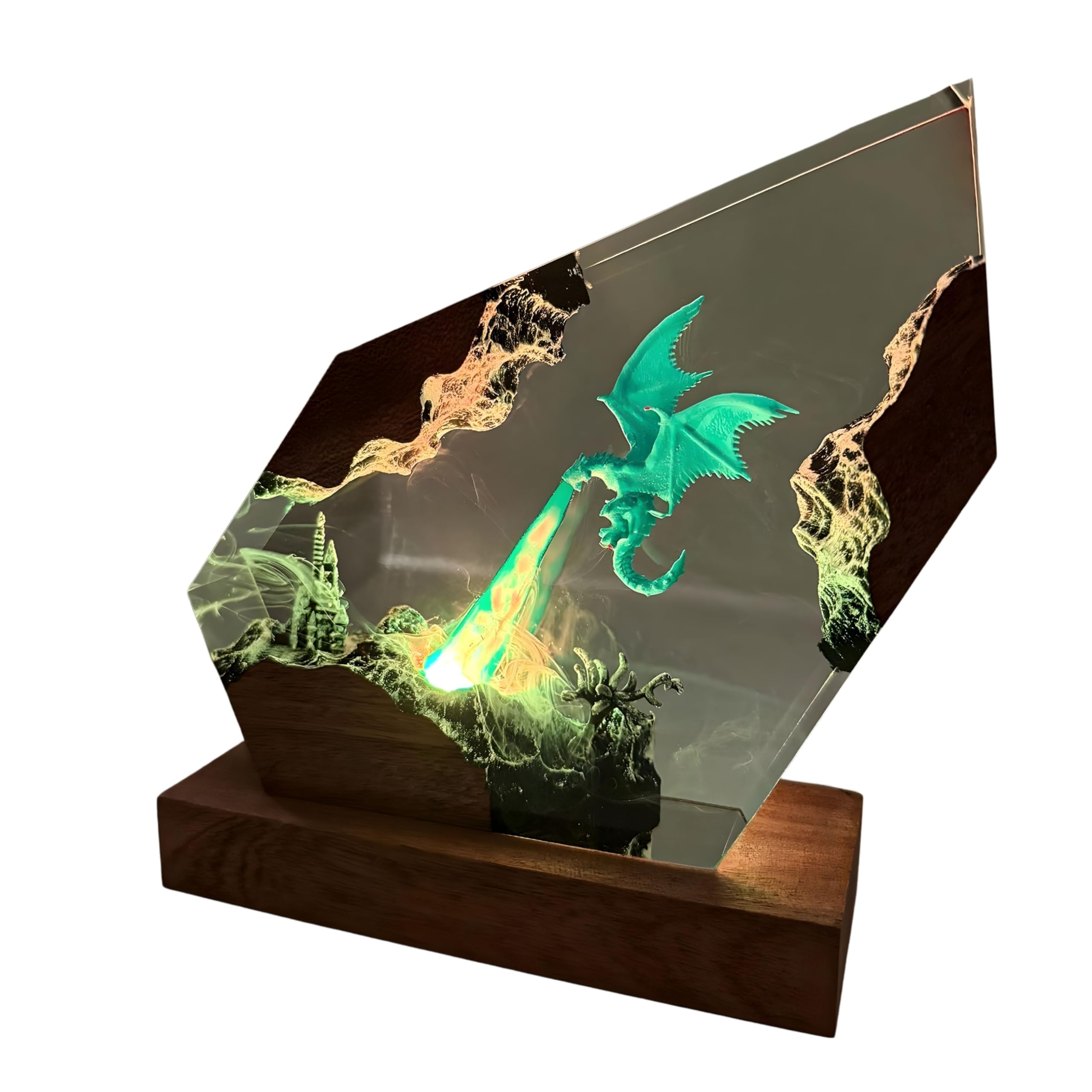 Chicvillage 3D Dragon Resin Lamp & Night Light, Handmade Multi-Color LED Epoxy Lamp USB Powered, 8x6 Crystal Decor Wood Lamp for