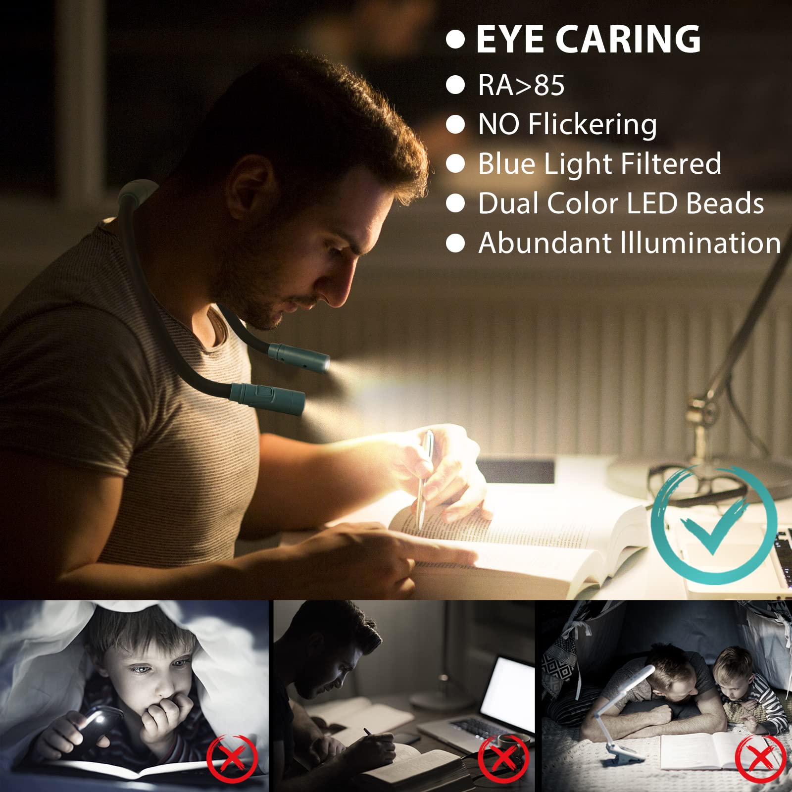 Led Neck Reading Light Book Lights For Reading In Bed 360? Flexible Arms 3 Color Modes Multiple Brightness Rechargeable Long Las