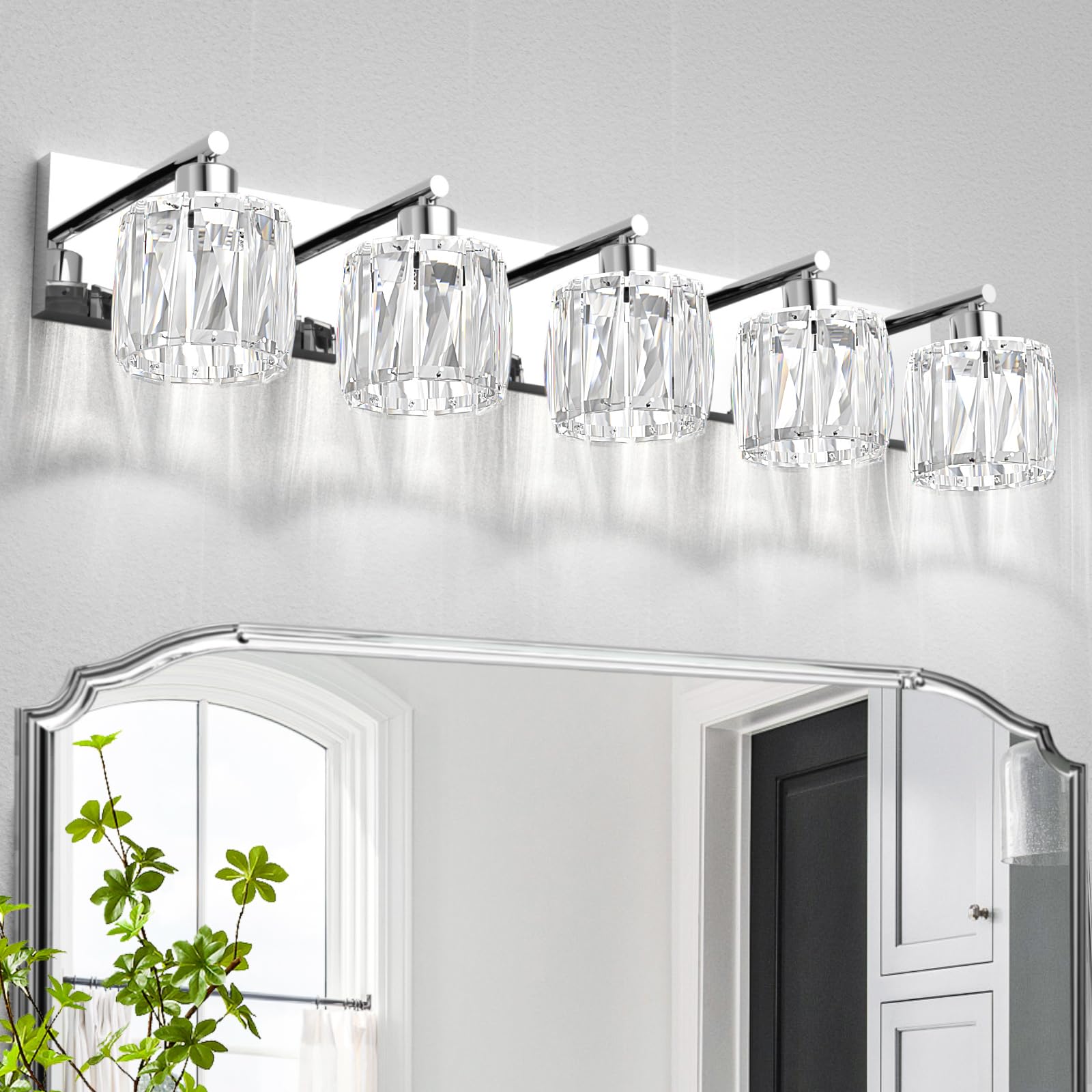 VOLISUN Crystal Vanity Lights - 5 Light Modern Stainless Steel & Chrome Bathroom Light Fixtures Over Mirror - UL Certificated (Exclude Bulb)
