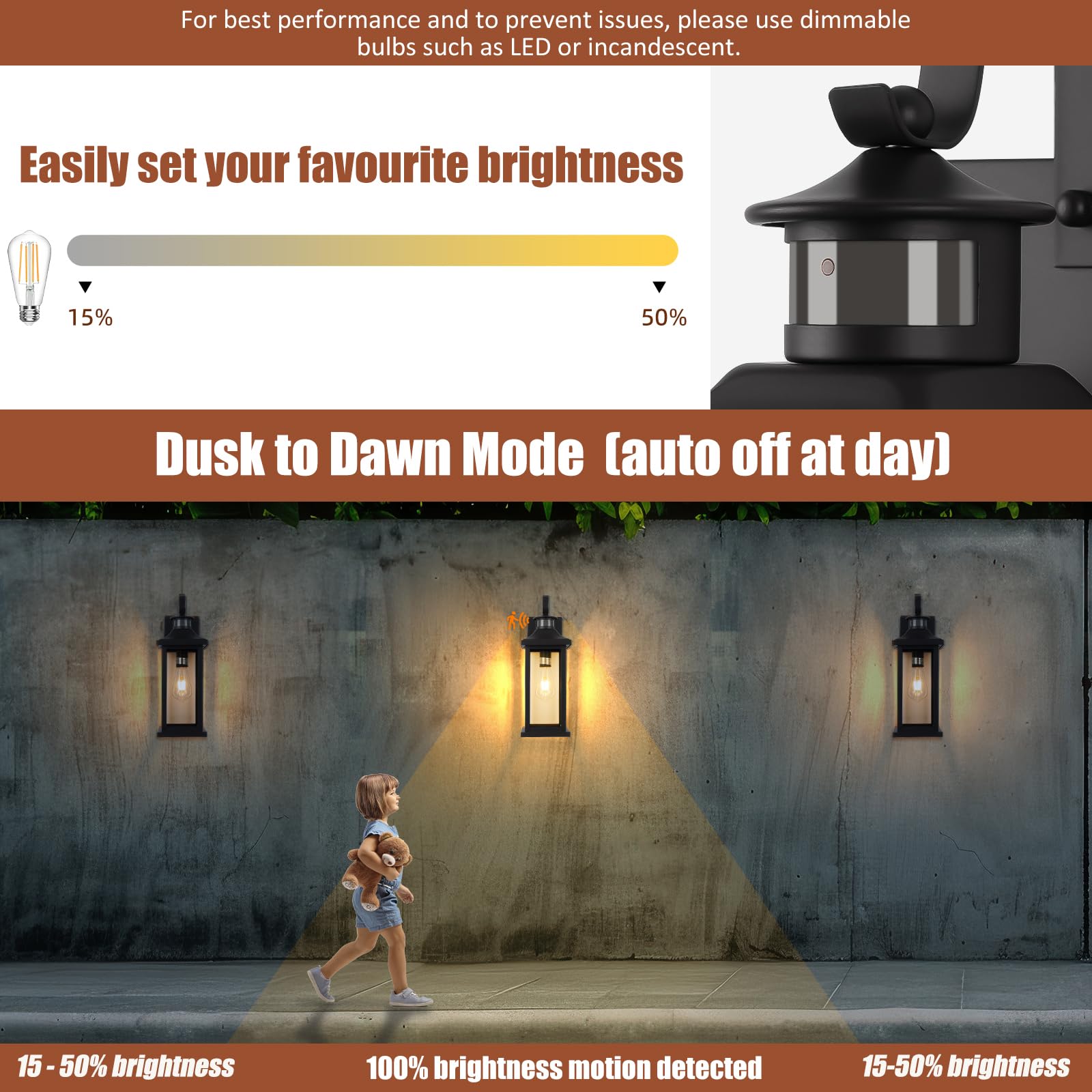 Roravilila Motion Sensor Porch Light - 18 Inch, Black, IP65 Waterproof, Dusk to Dawn Outdoor Wall Fixture, E26 Bulb Base, 1-Pack