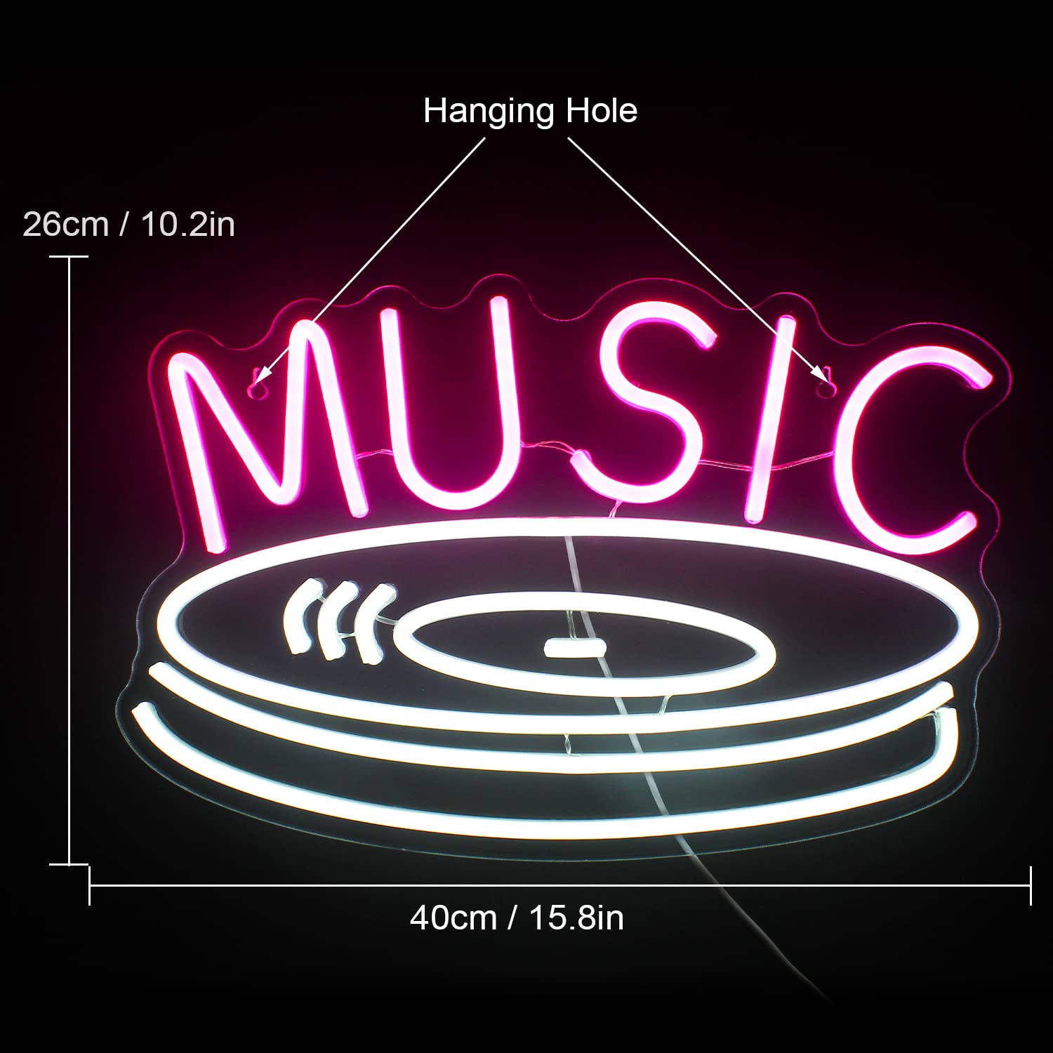 FAXFSIGN Neon Music Record Sign - Pink White LED Light for Wall Decor, Acrylic, Colorful, Ideal for Bedroom, Studio, Kids Room, Party