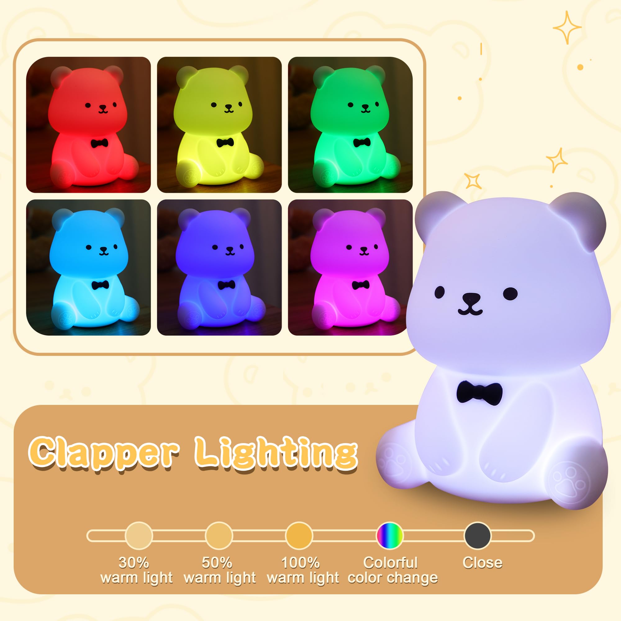YuanDian Cute Bear Night Light for Kids, Decorate Kids Bedroom with Silicone Bear Nightlights with 8 Color Lights, Christmas Bi