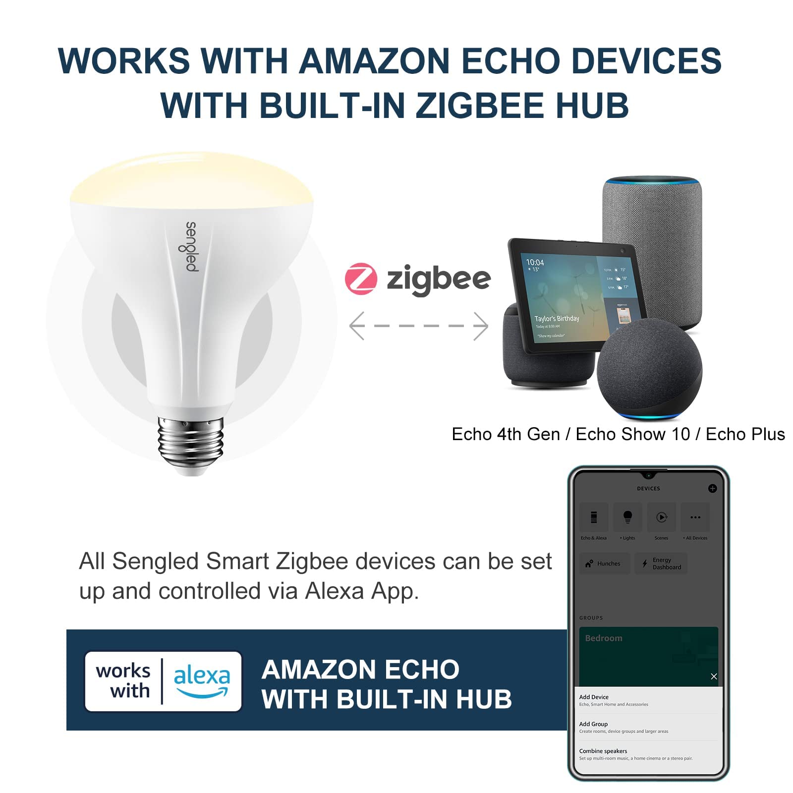 Sengled Zigbee Smart Bulb, Works With Smartthings And Echo With Built-In Hub, Voice Control With Alexa And Google Home, Hub Requ