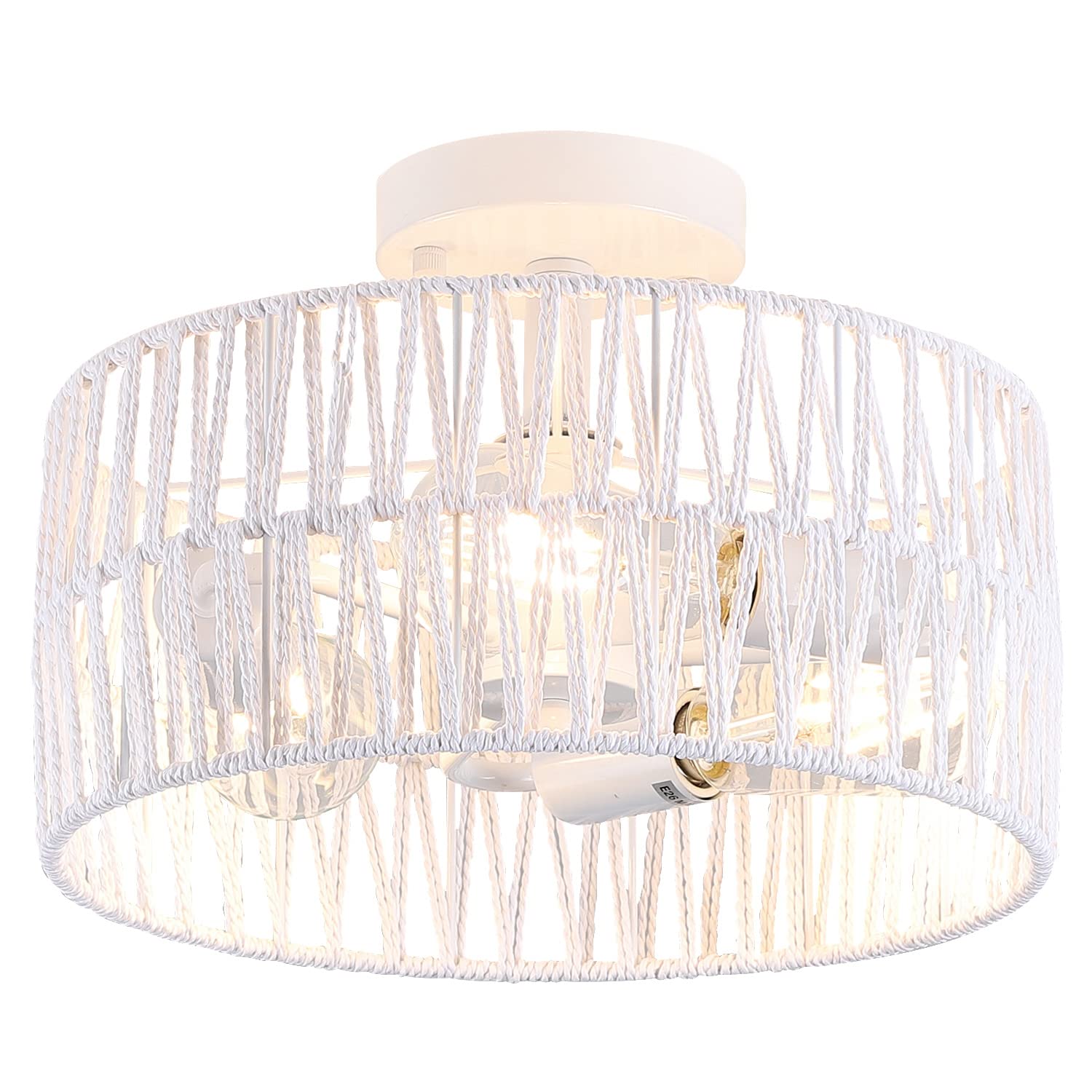 Hchunqjor 3-Light Coastal White Woven Flush Mount Light Fixture Boho Hemp Rope Semi Flush Mount Ceiling Light For Hallway Bedroo