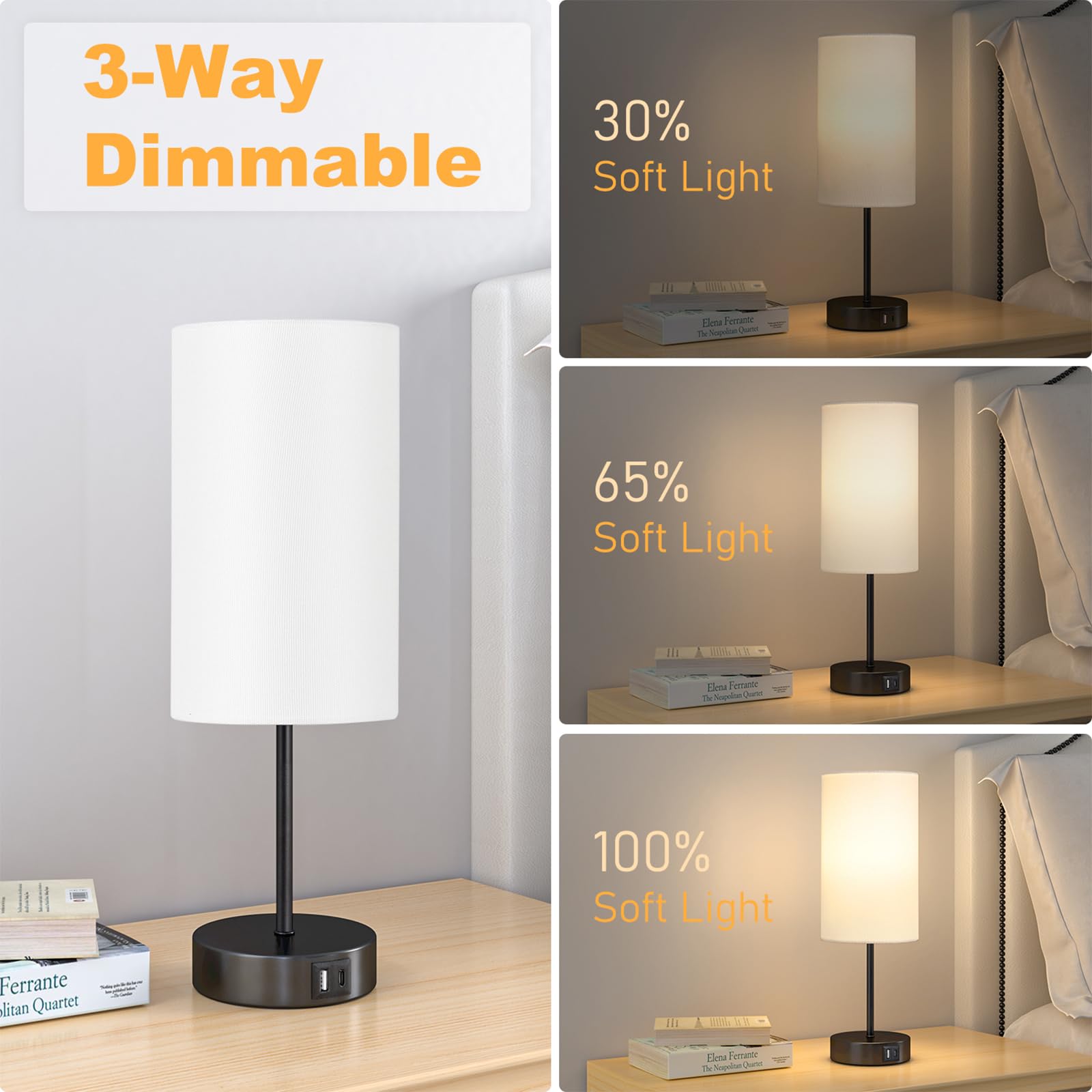 AKASUKI Table Lamp, 3 Way Dimmable Touch, 14.25 in, Metal, White Shade-Black Base, Model XTD-Y, LED Bulb Included