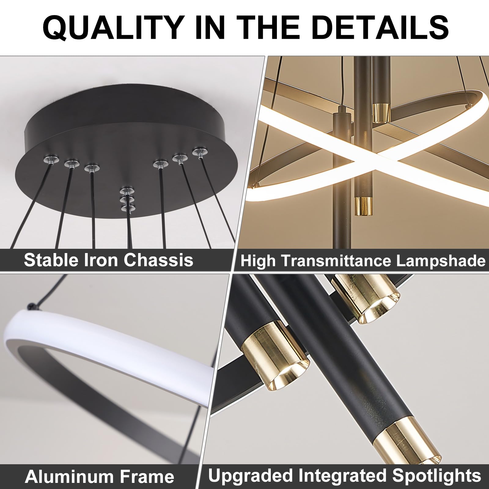 ORANOOR LED Black Modern Chandelier, Dimmable 24in, Aluminum, 2 Ring, Model OR-7703B, Ideal for Dining Room and Living Spaces