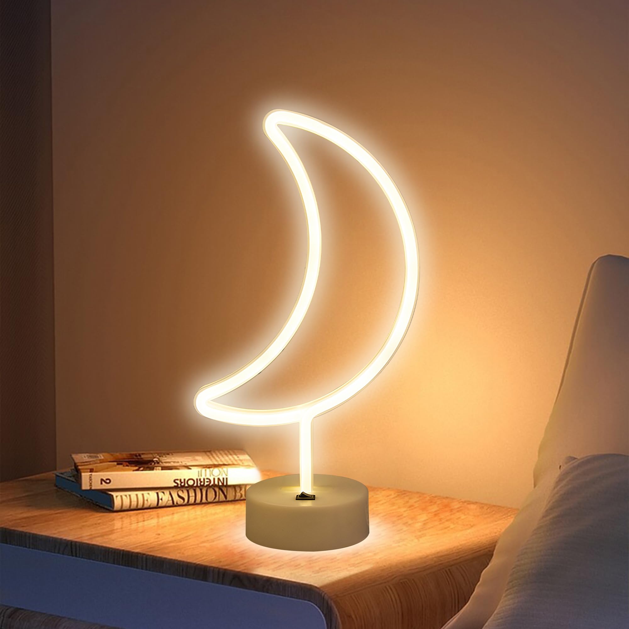 Enuoli Warm White Moon Shape Led Neon Night Light With Holder Base Moon Neon Sign Lamp Power By Battery&Usb Marquee Neon Sign Fo