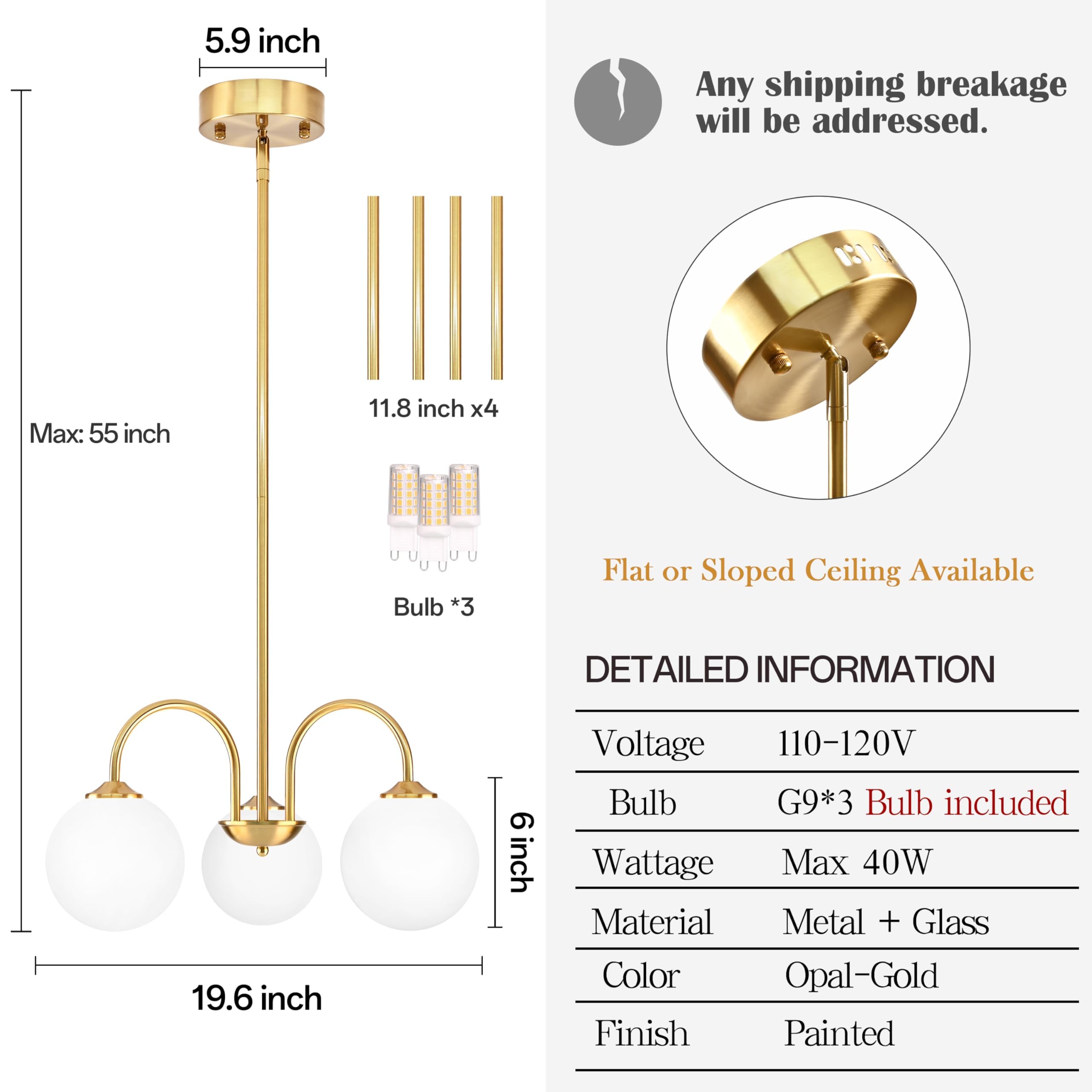 Bagood 3 Lights Globe Pendant Light Gold Sputnik Light Fixture 19.6    Modern Sputnik Chandelier With Milk Glass Globe Shade Dim