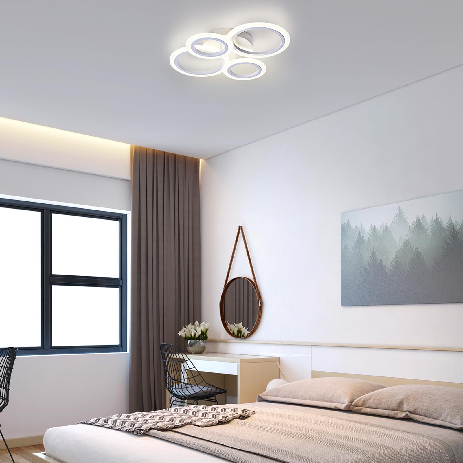 Vikaey Modern Led Flush Mount Ceiling Light, 4 Rings White Close To Ceiling Light, Lighting Fixture Ceiling Lamp For Kitchen, Living Room, Bedroom, Laundry Room, 4000K Not Dimmable