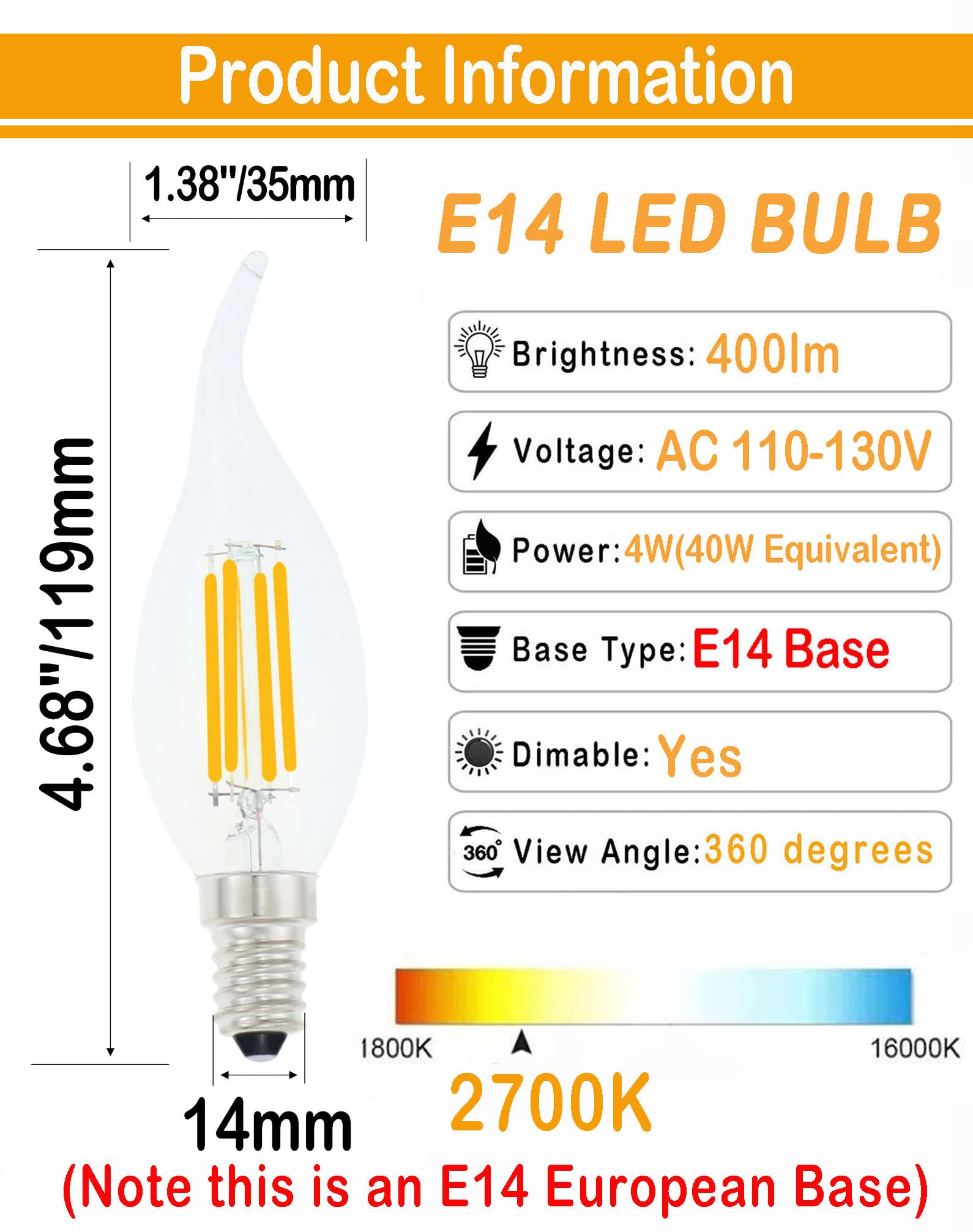 Lamsky E14 LED Bulb 4W Dimmable Warm White 2700K Flame Tip Candelabra 12-Pack