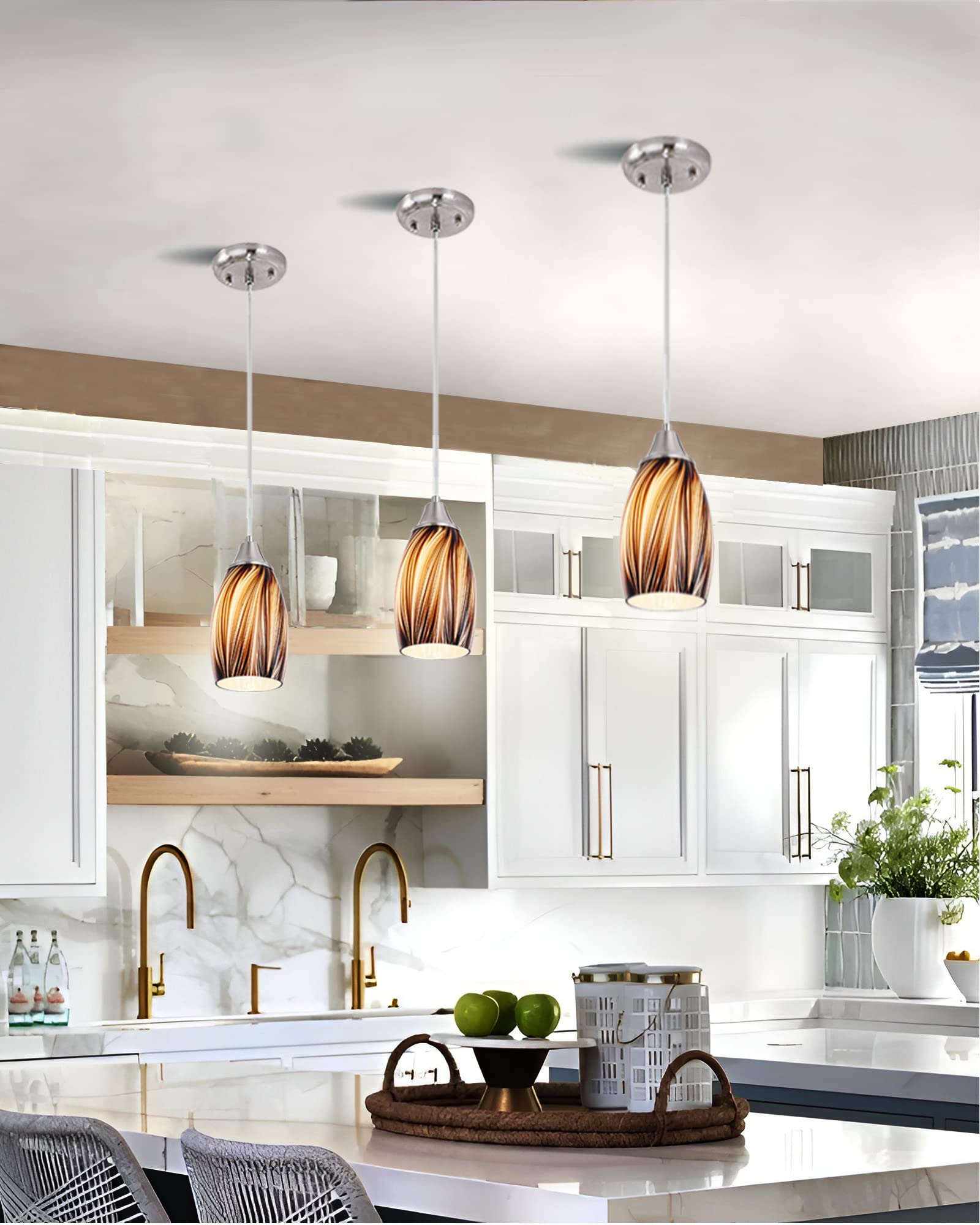 Karyfine Mini Pendant Lights Kitchen Island,Blown Art Glass Pendant Light Fixtures With Brush Nickel Finish Coffee Brown Hanging