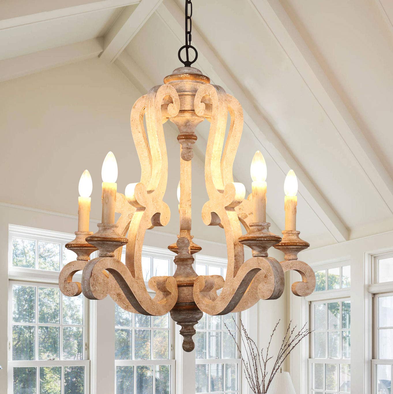 Chords Attic Farmhouse Distressed White Wooden Chandelier, 5 Candle Lights, Adjustable Chain, Model 4004