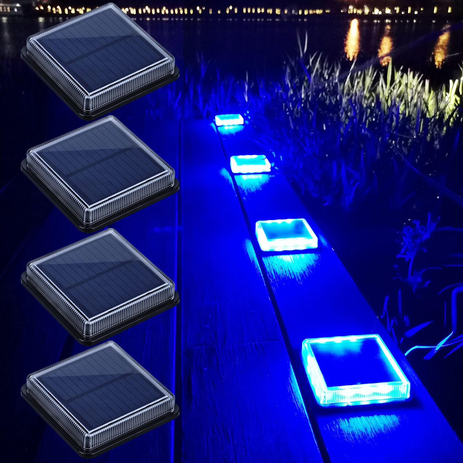 Lacasa Blue Solar Deck Lights 4 Pack, Dusk To Dawn Large Battery Step Lights, Big Solar Powered Waterproof Dock Lights, Led Solar Lights Outdoor Garden Stair Driveway Walkway Pathway Warning Lamp