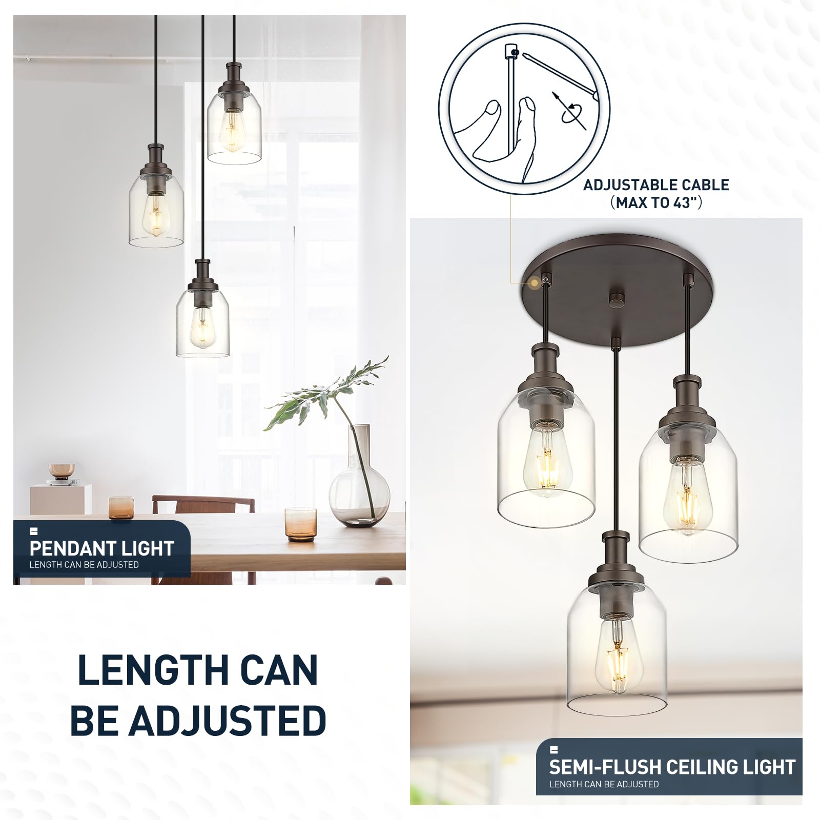 Zeyu 3-Light Pendant Lighting, Adjustable Farmhouse Cluster Pendant Light For Kitchen Dining Room, Oil Rubbed Bronze Finish With