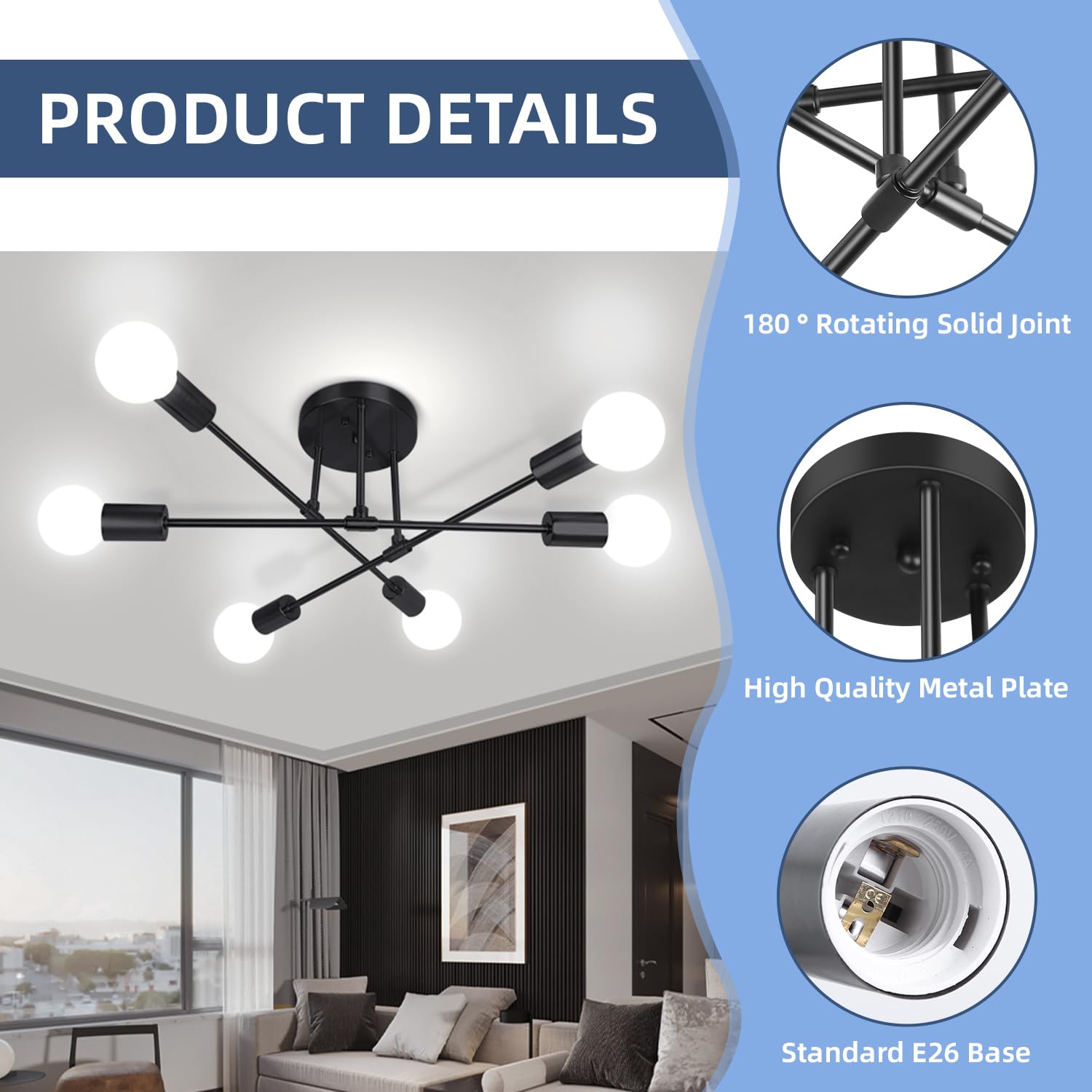 Silampdi Modern Sputnik Chandelier, 6-Light Black Ceiling Light Fixture, Industrial Dining Room Light Fixture For Bedroom, Kitchen, Living Room, Hallway, E26 Base, Bulbs Not Included