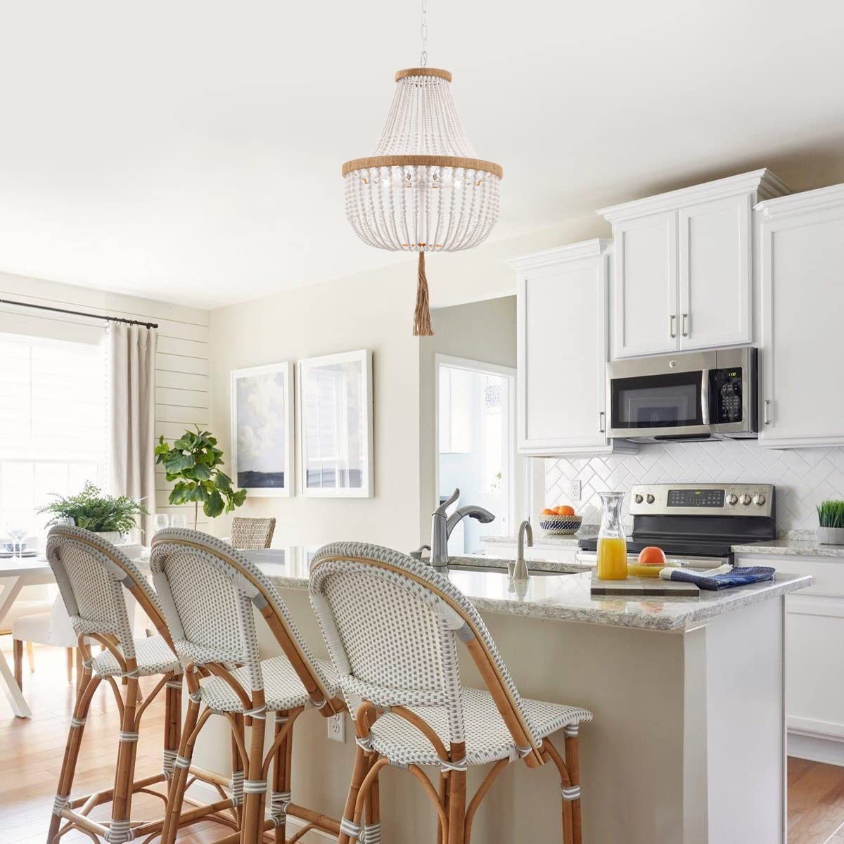 ELYCCUPA Wood Beaded Chandelier, 4 Lights, Rustic Pendant Light, 17" Round, White for Bedroom, Kitchen, Dining Room