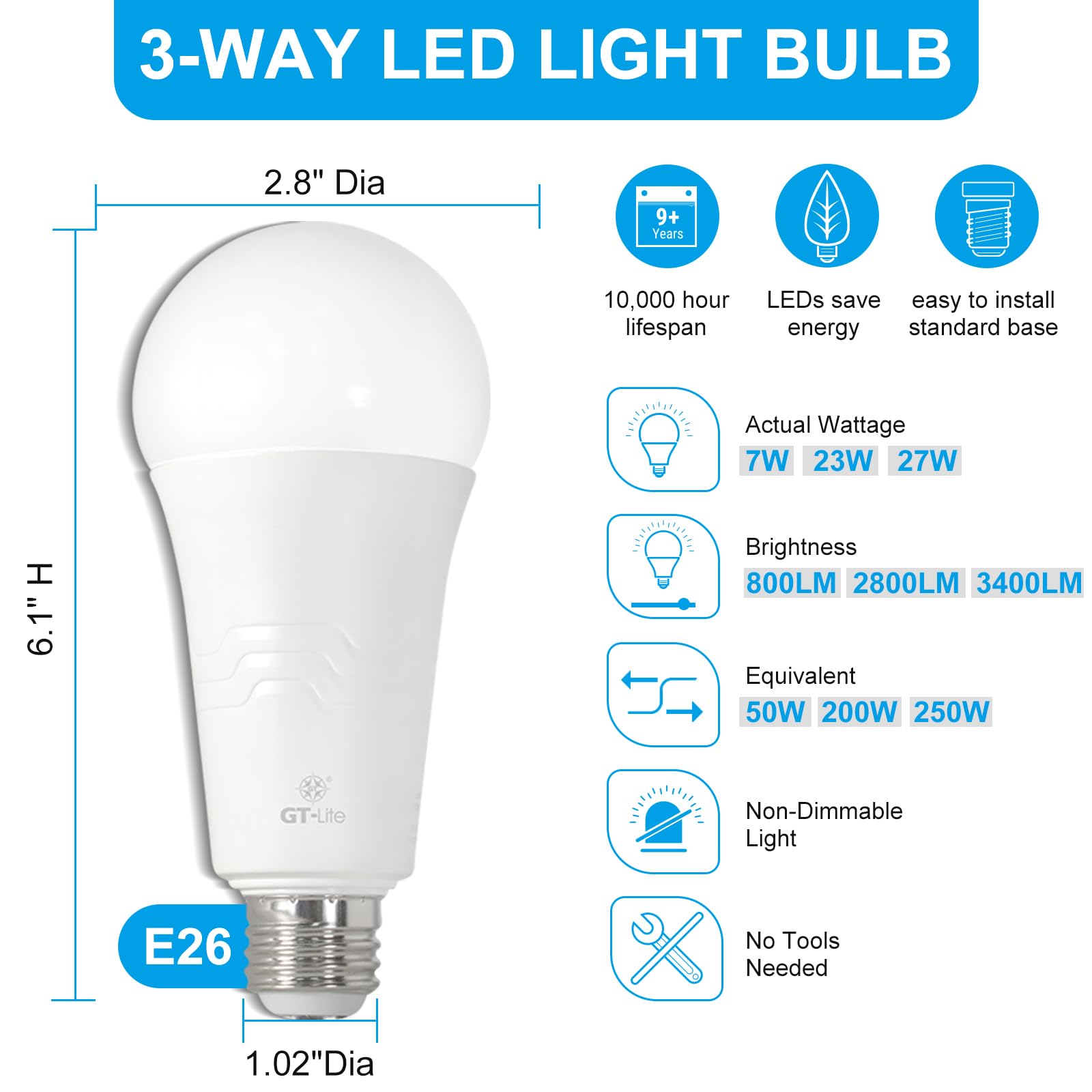 Gt-Lite 250W Equivalent Led 3 Way Light Bulbs 6 Pack, 3500K Bright White,A21,E26 Medium Base,3 Brightness Levels,Adjustable With