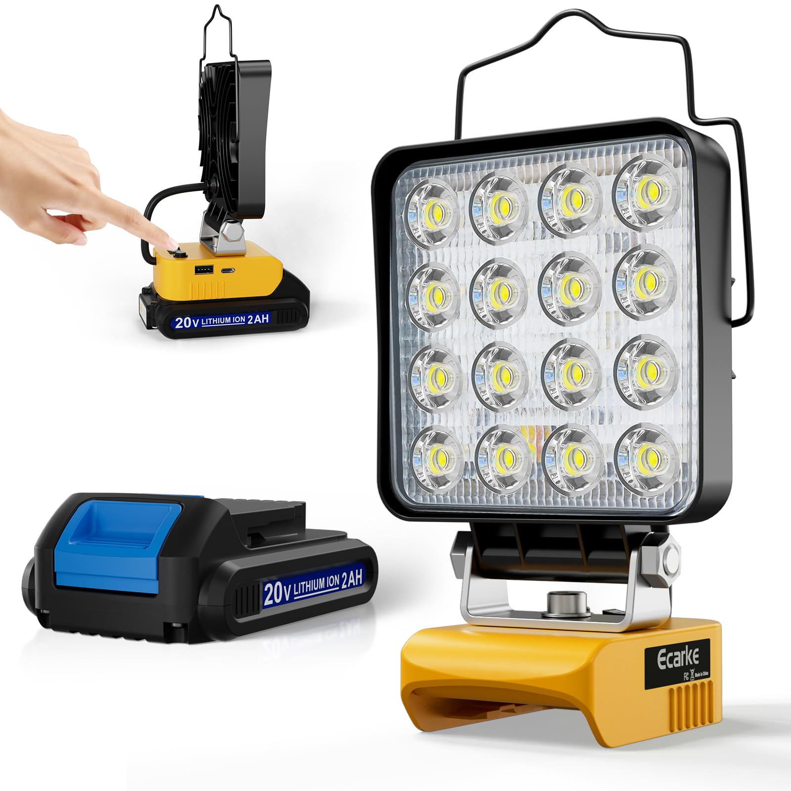 Ecarke Led Work Light For Dewalt Battery: 60W Work Light With 2Ah Battery,Battery Light With Usb &Type C Charging Port,Cordless