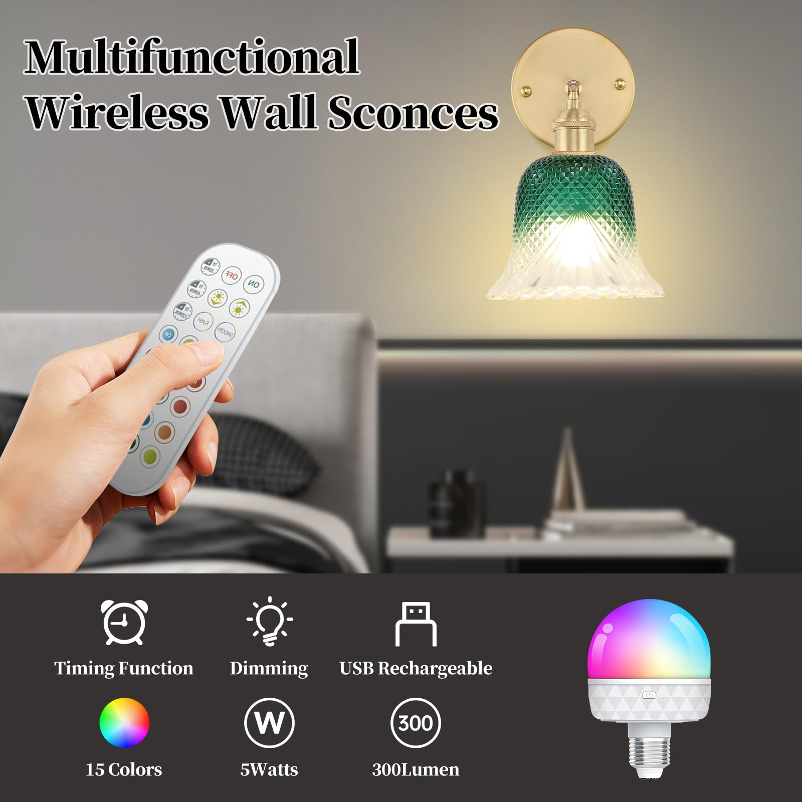 GEEZO Vintage Battery Operated Wall Sconce, Rechargeable Light with Remote Control, Ripple Colors, Model GEEZO-Y-11, (1 pack)