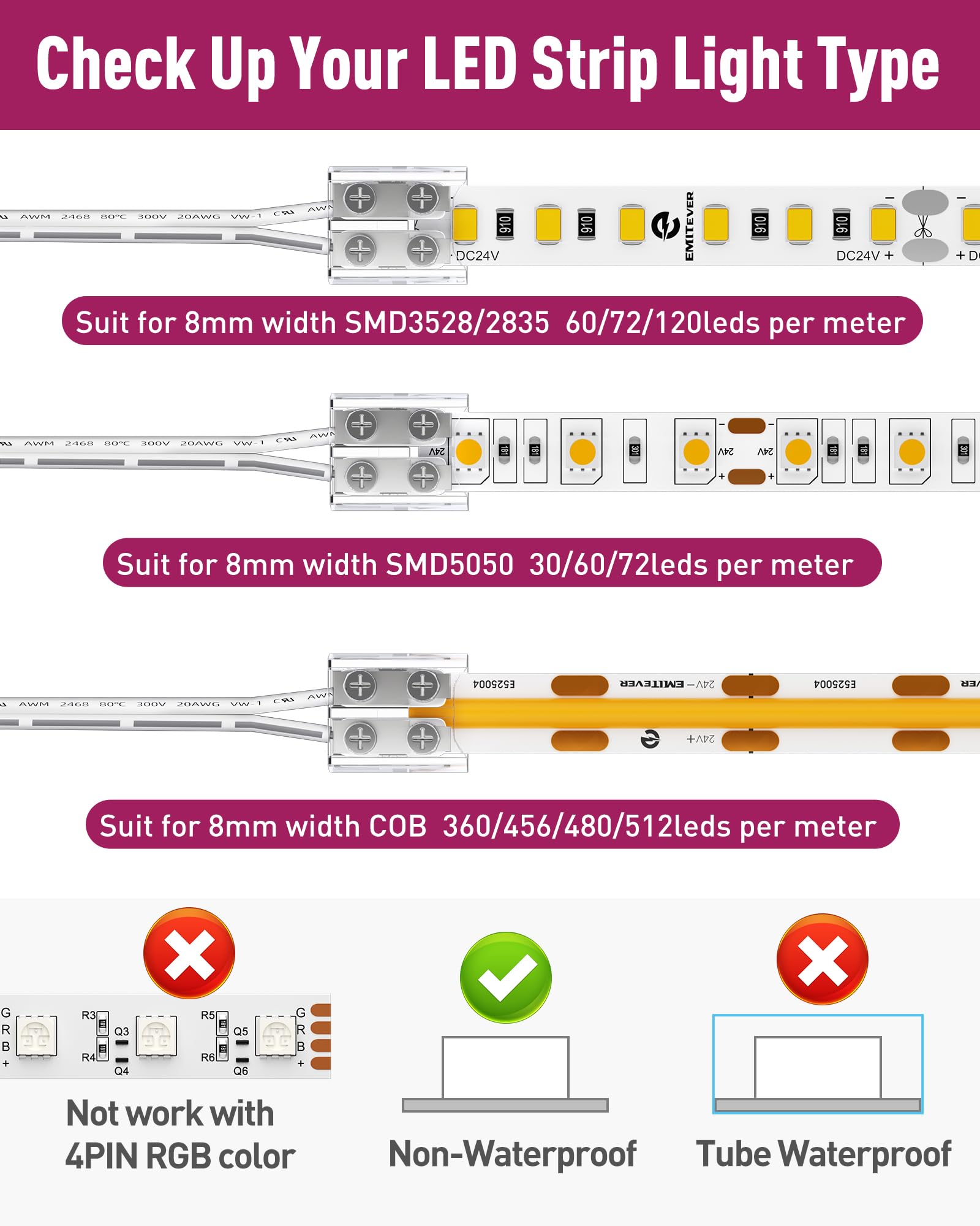 Emitever Led Strip Connectors,6 Packs Led Tape Light Connector 2 Pin Solderless Tighten Screw Transparent Wire Lead Connector Fo