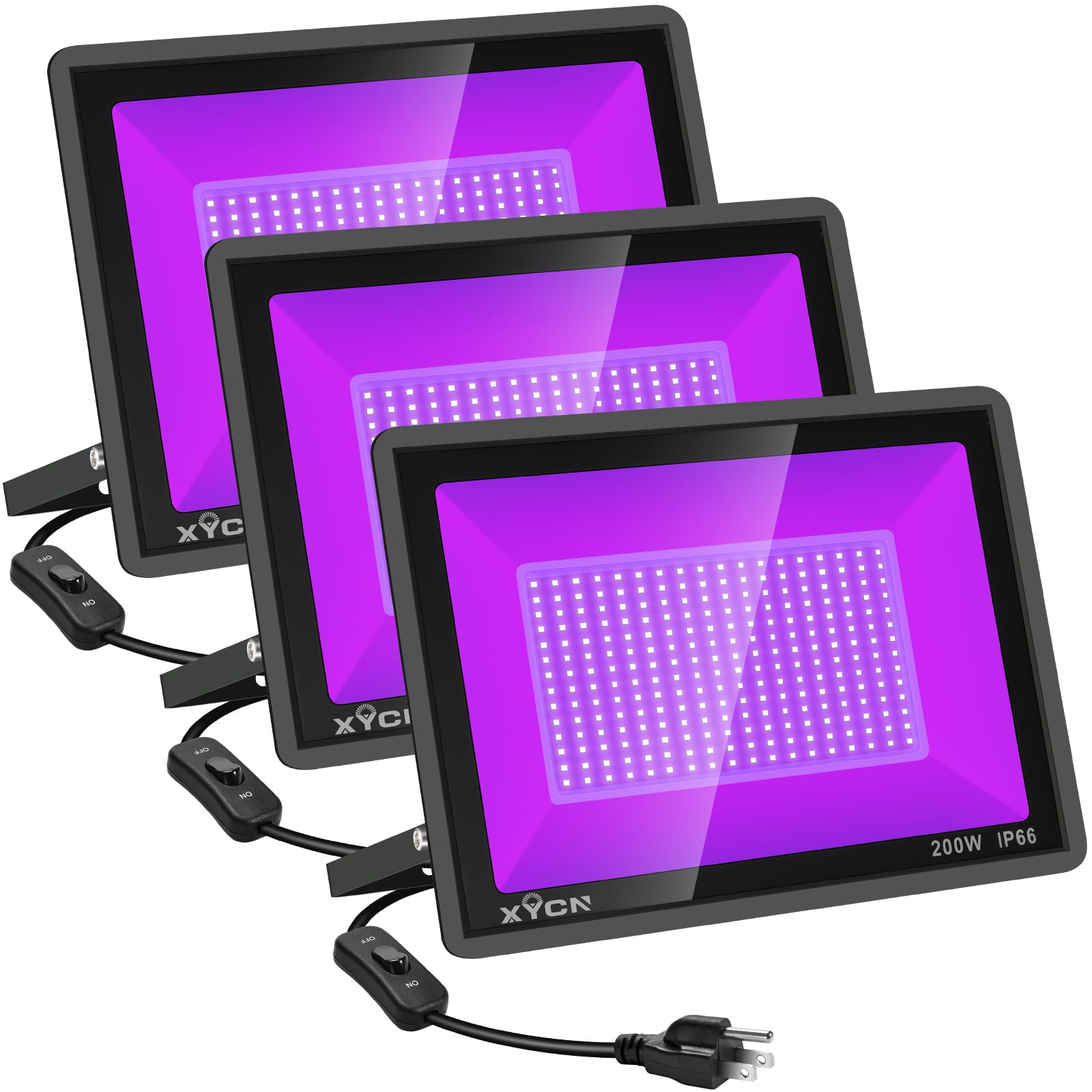 Xycn 3 Pack 200W Led Flood Black Lights Outdoor Flood Blacklight Light With Plug  Ip66 Waterproof Forglow In The Dark  Dance Party  Stage Lighting  Body discomfort-reducingt  Fluorescent Poster  Neon Glow
