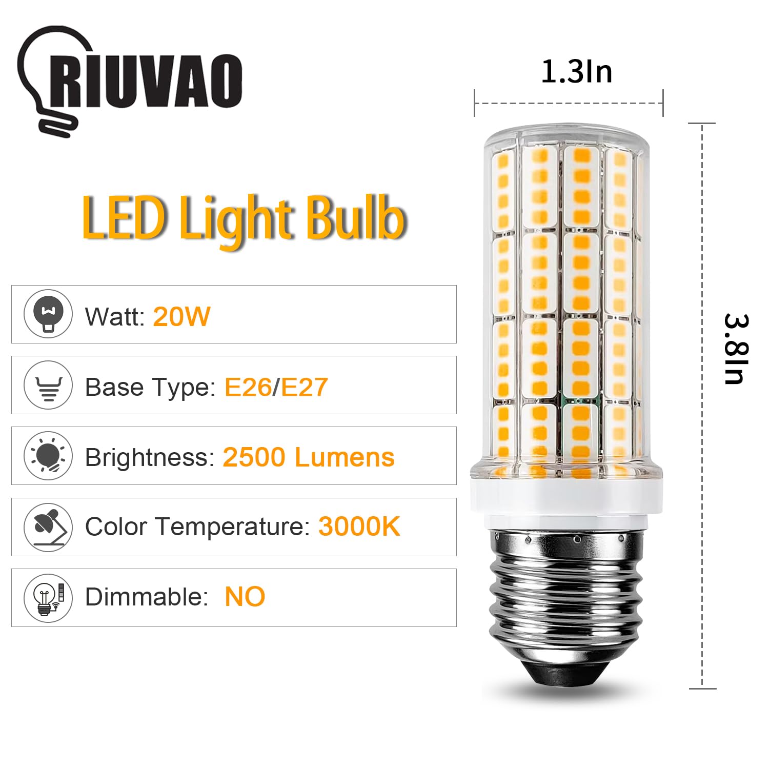 RIUVAO LED Light Bulb 20W 200W Equivalent 2500 Lumen Daylight White E26/E27 Pack of 6, Durable ABS, Ideal for Home & Garage