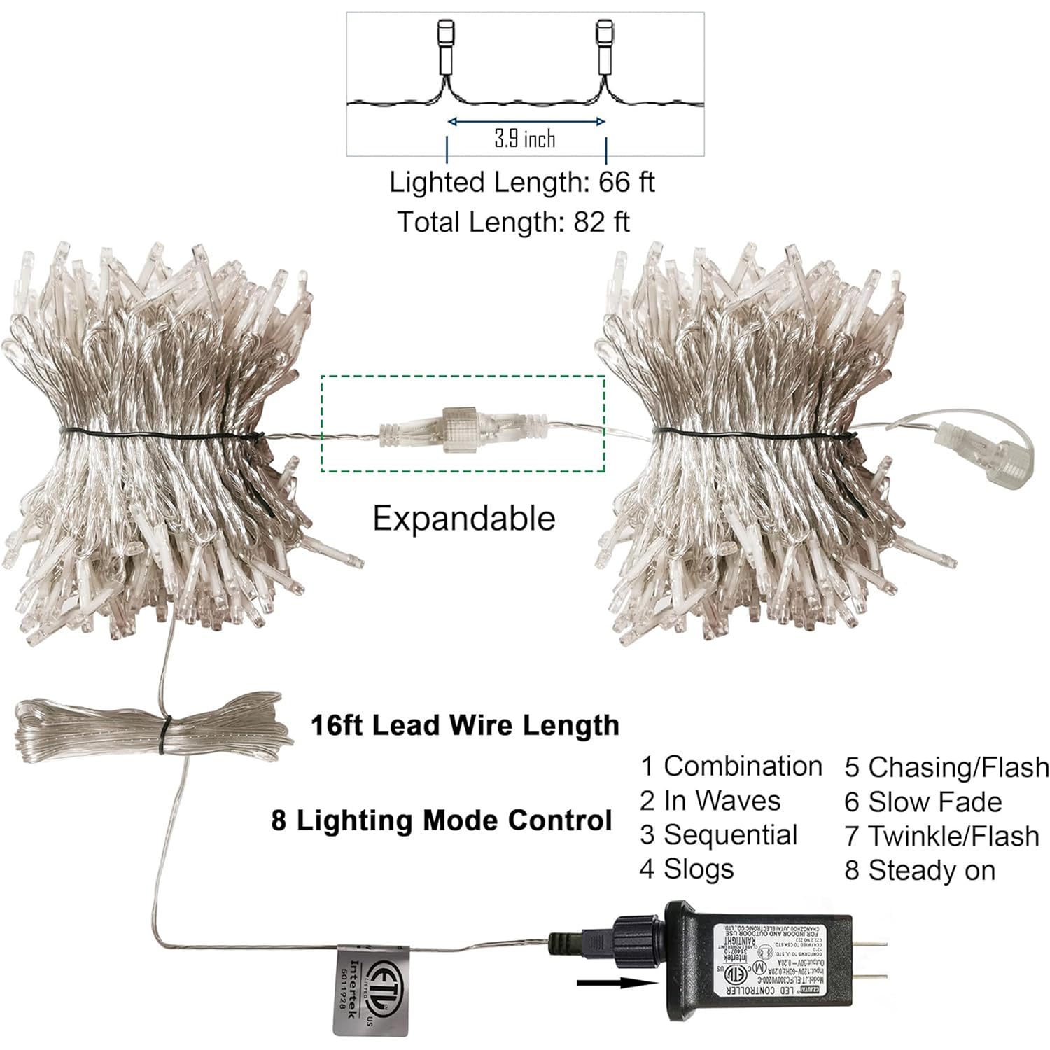 LJLNION 300 LED Christmas Lights, 98.5FT Waterproof String Lights, 8 Modes, Red & White, Indoor/Outdoor Decorations