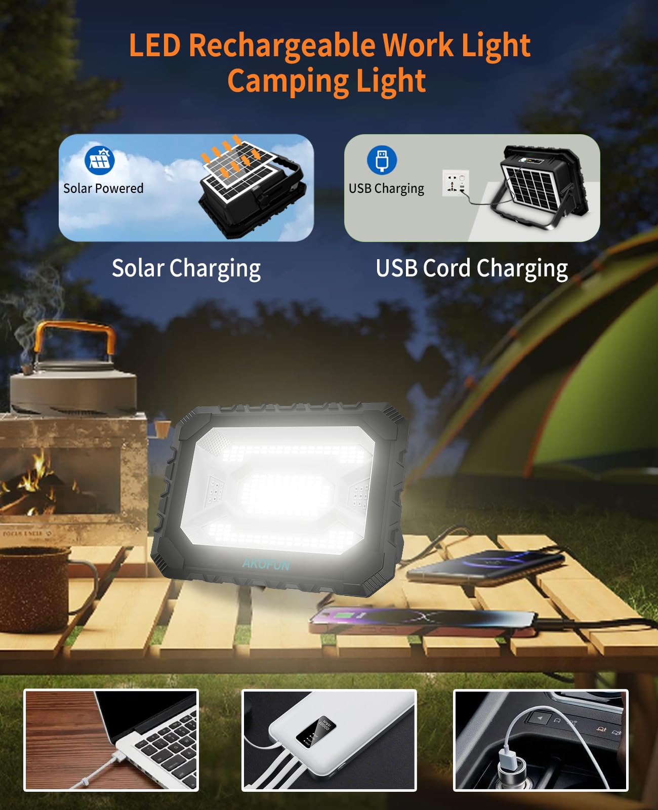 Akofun 200W Led Solar Work Light Rechargeable, 16000Lm Magnetic Worklight 3000K/4500K/6500K, 16000Mah Battery, Ip66 Waterproof P