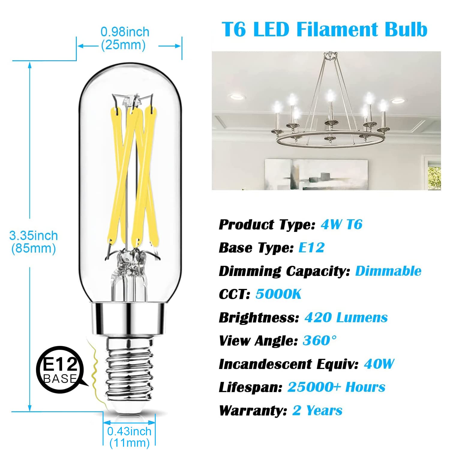 Mlambert 24 Pack Dimmable T6 Led Bulbs,4W Equal 40W E12 Candelabra Bulb 5000K,Clear 4W E12 Edison Bulb For Chandelier,Light Bulb