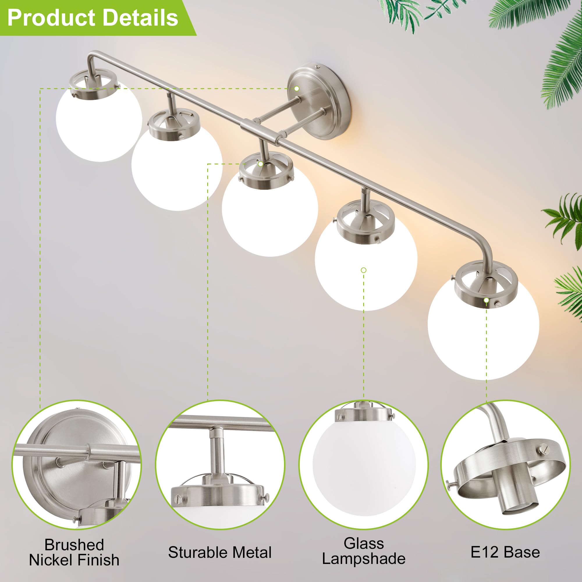 Deyidn Bathroom Light Fixtures Over Mirror, Brushed Nickel Modern Vanity Lighting With Milk White Glass Globe Shades 5-Light Far