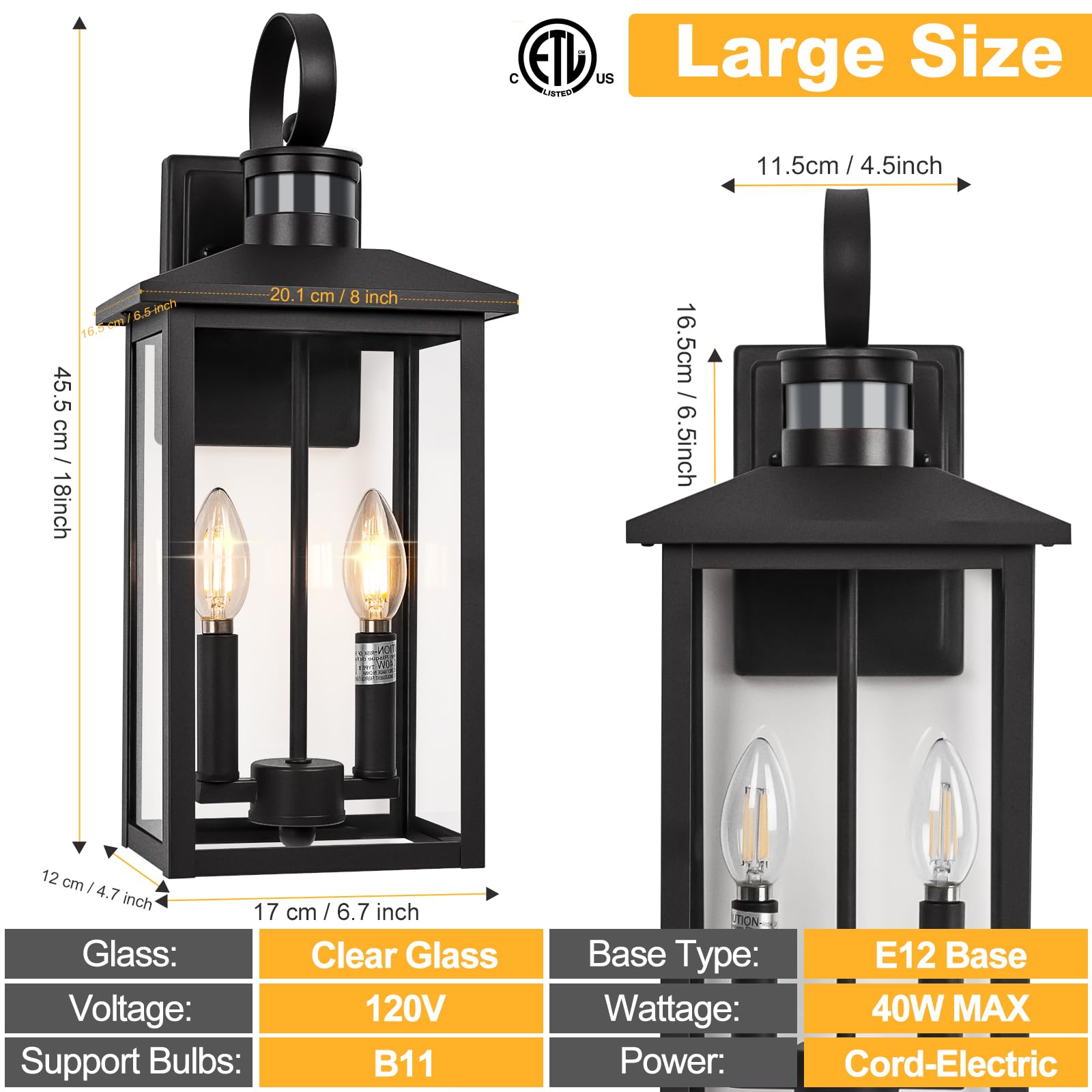 Large Motion Sensor Outdoor Wall Lights, 18" Black Dusk To Dawn Outdoor Light, 2-Light Aluminum Outdoor Light Fixture With E12 Socket, Etl Listed Outside Porch Light Wall Mount For House, Proch