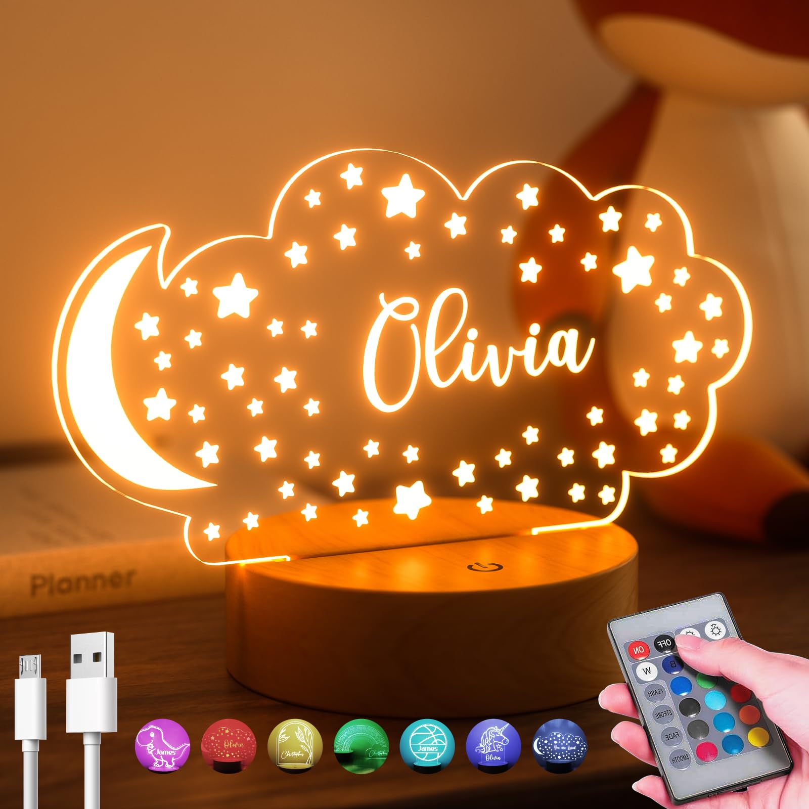 Personalized Baby Gift Name Night Light For Kids Girls Boys  Customized Nursery Decor With Cute Stars&Moon Cloud - Includes Remote And Color-Changing  Laser Engraved In The Usa