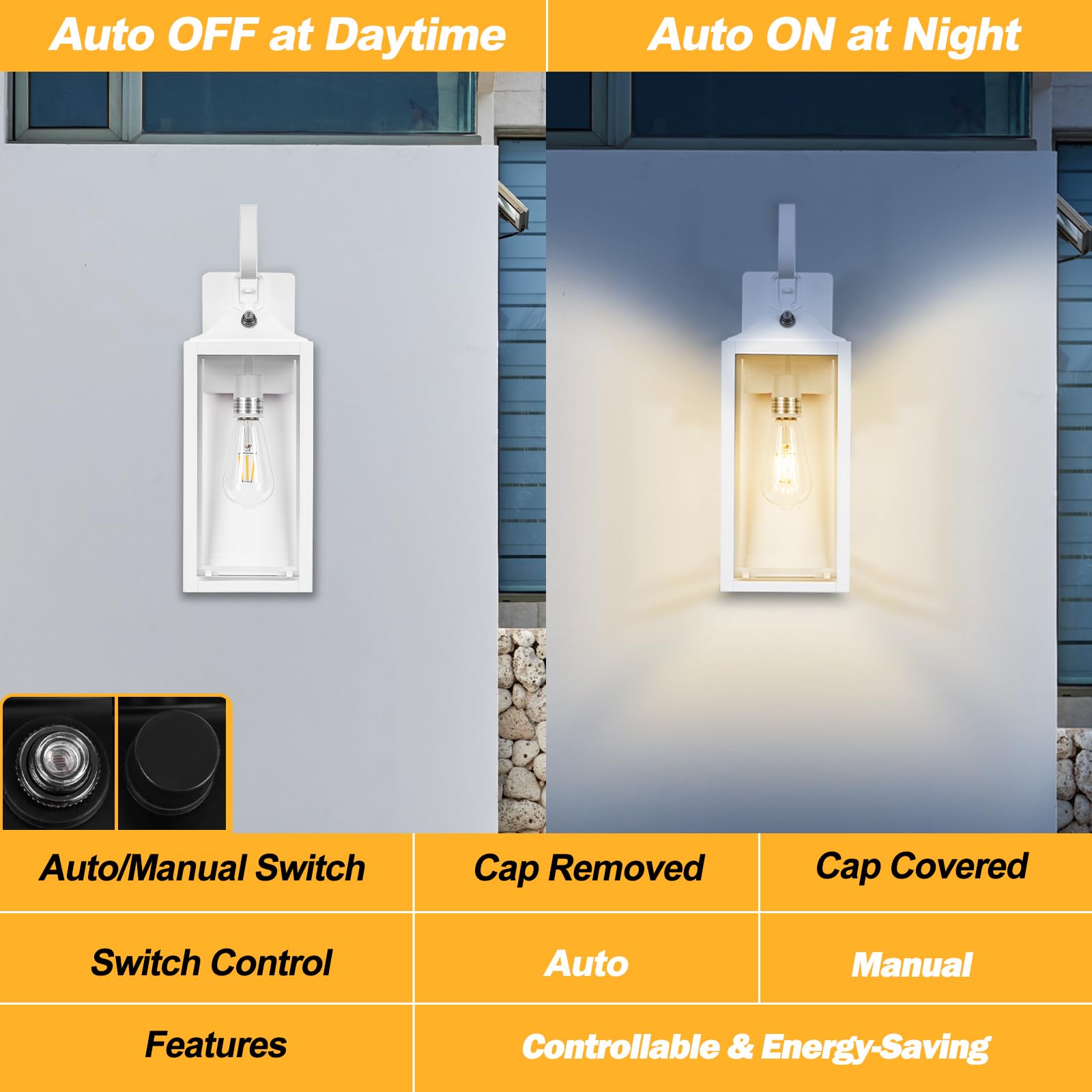 Yolsunes 19&quot; Dusk To Dawn Outdoor Wall Light, Waterproof Industrial Sconce, White Metal Fixture