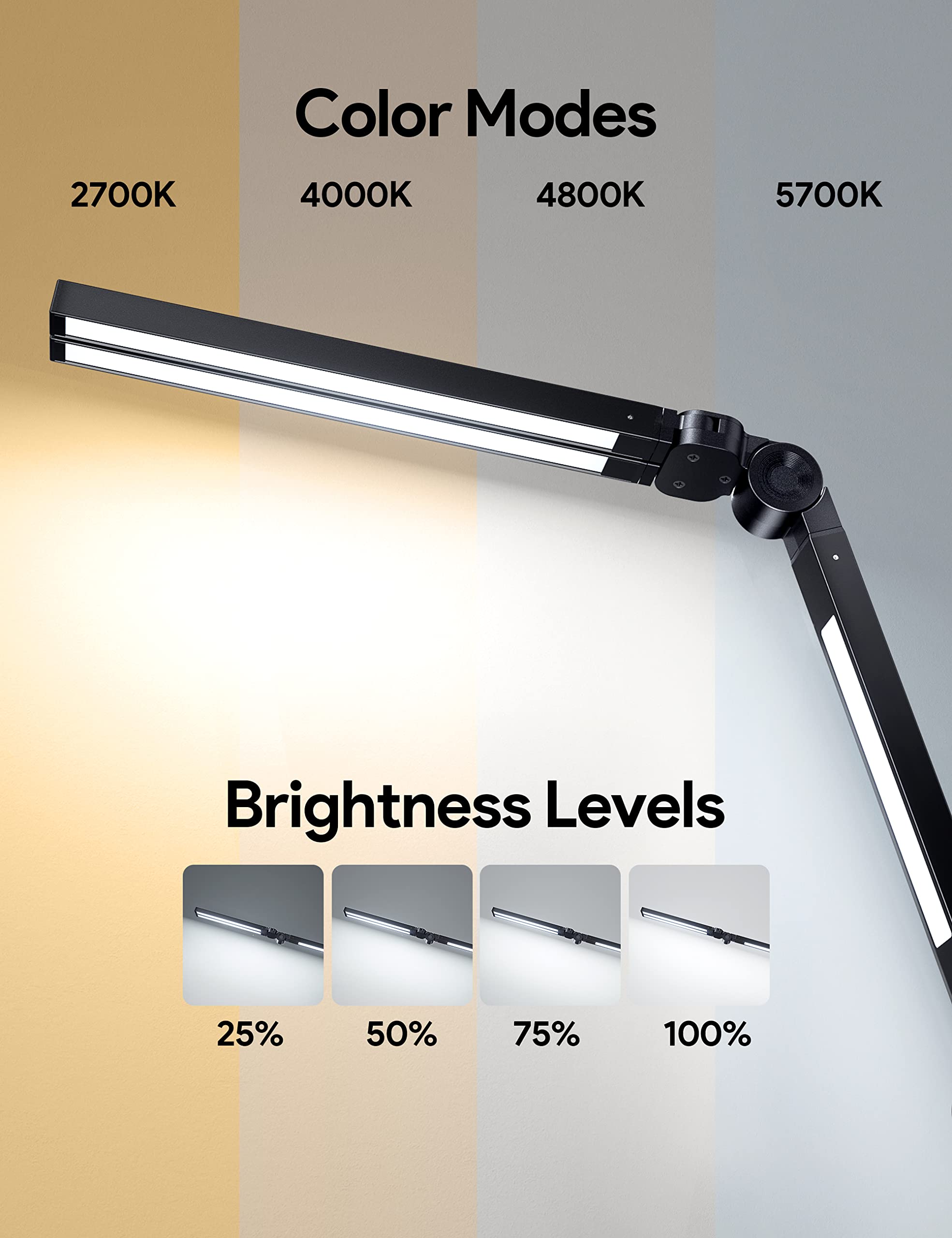 Mediacous Led Desk Lamp With Clamp - 20W, 3 Lights, 4 Color Modes, Eye-Caring And Flexible