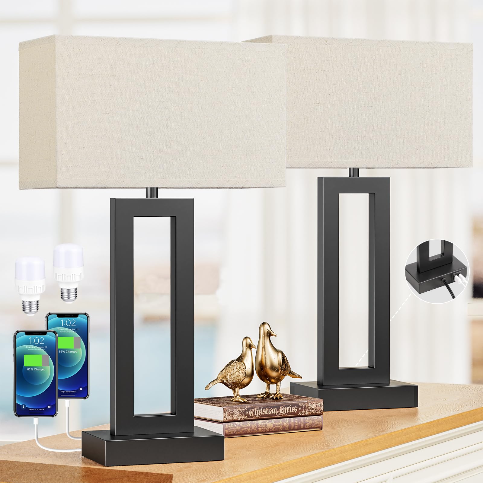 22'' Tall Living Room Lamps for Night Stands - Touch Bedside Lamp with USB C+A, 3 Way Dimmable Bedroom Lamps for End Tables Set 