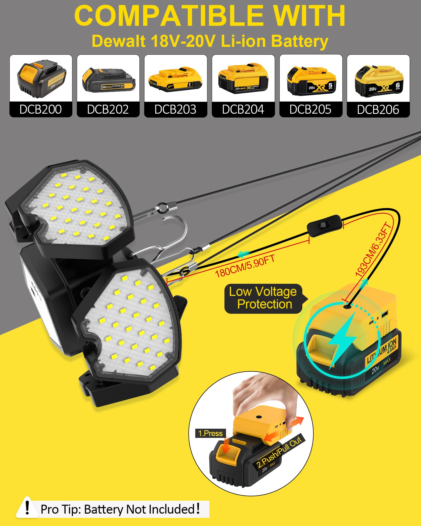 T-SUN LED Work Light for DeWalt 20V Battery, 2 Lighting Modes, Waterproof, Set of 1, Cool White, Model TS-F0450-60-K-DW-