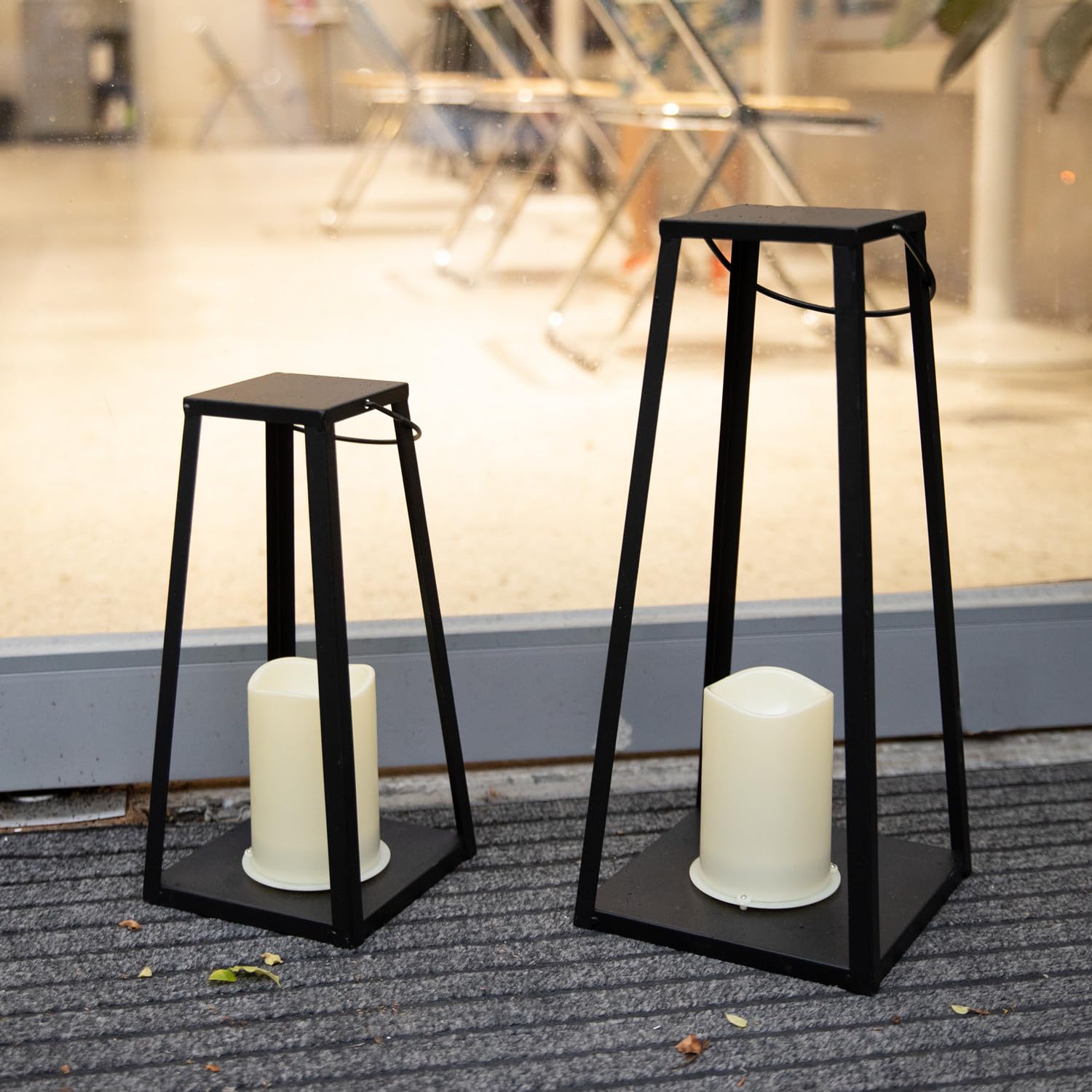 Hpc Decor 2Pcs Solar Lanterns For Outdoor Decor-20In 15.6In Black Metal Candle Lanterns W/ Waterproof Solar Powered Candles- Mod