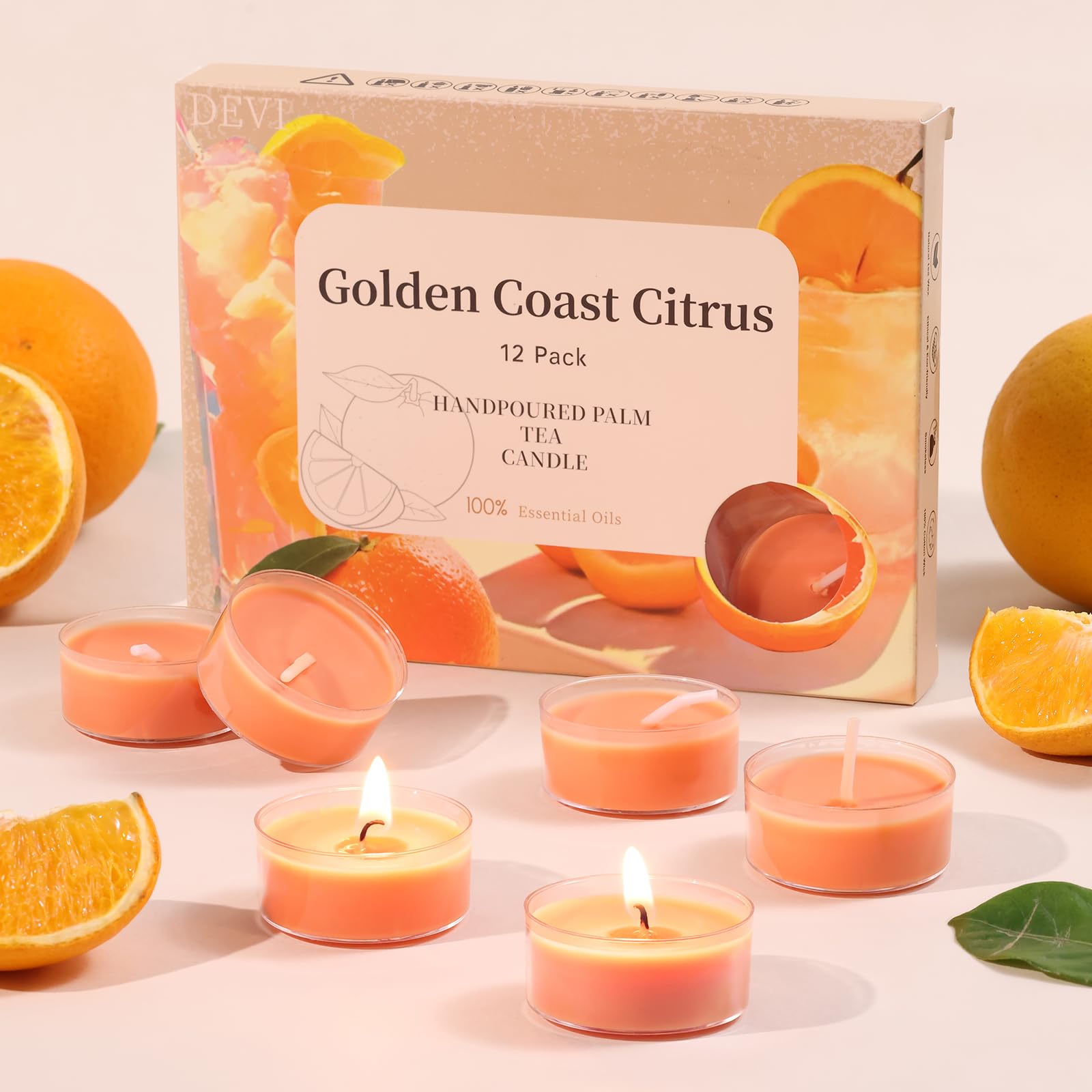 DEVI Golden Coast Citrus Highly Scented Tea Lights Candles 12 Pack  3.5-4 Hours Natural Palm Tea Lights for Home Scented  Scented Small Votives with Essential Oils for Aromatherapy  Fall Decorations