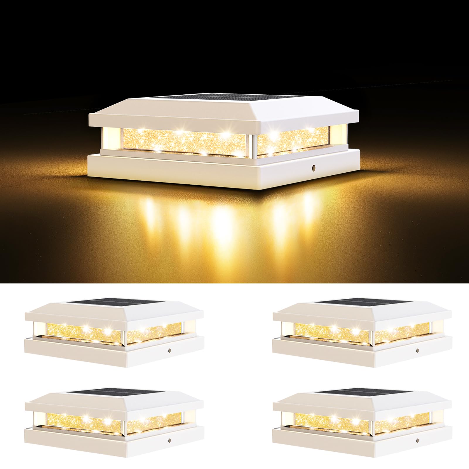 Solar Light Outdoor 4 Packs  Waterproof Solar Powered Post Cap Light For 4X4 4.5X4.5 5X5 Vinyl/Wooden Post With Warm/Cool Lighting  White 16Leds Deck Cap Lights For Outside  Garden  Patio  Porch