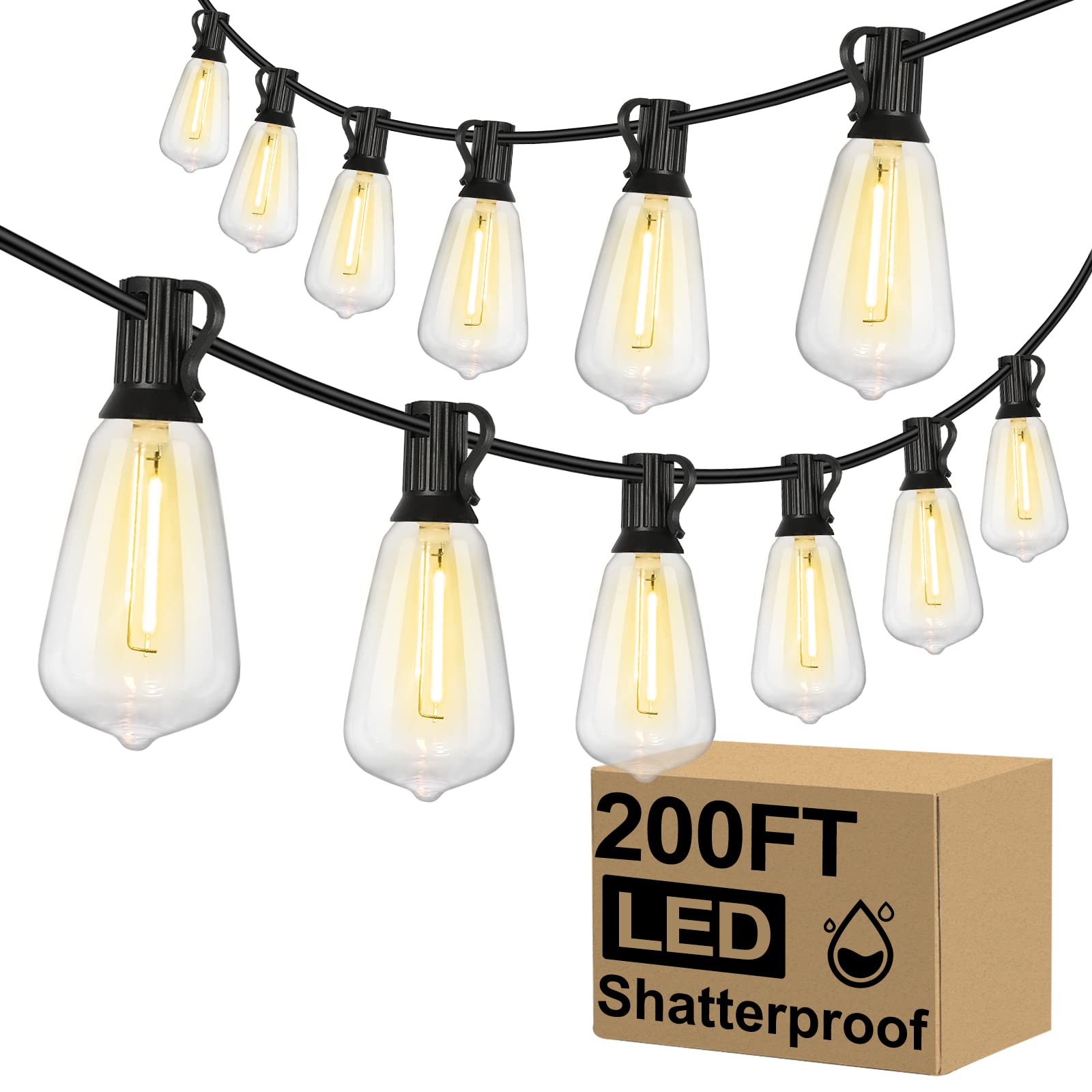 Brightever Outdoor String Lights 200Ft Waterproof, Patio String Lights For Outside With 100+4 St38 Shatterproof Led Filament Bul