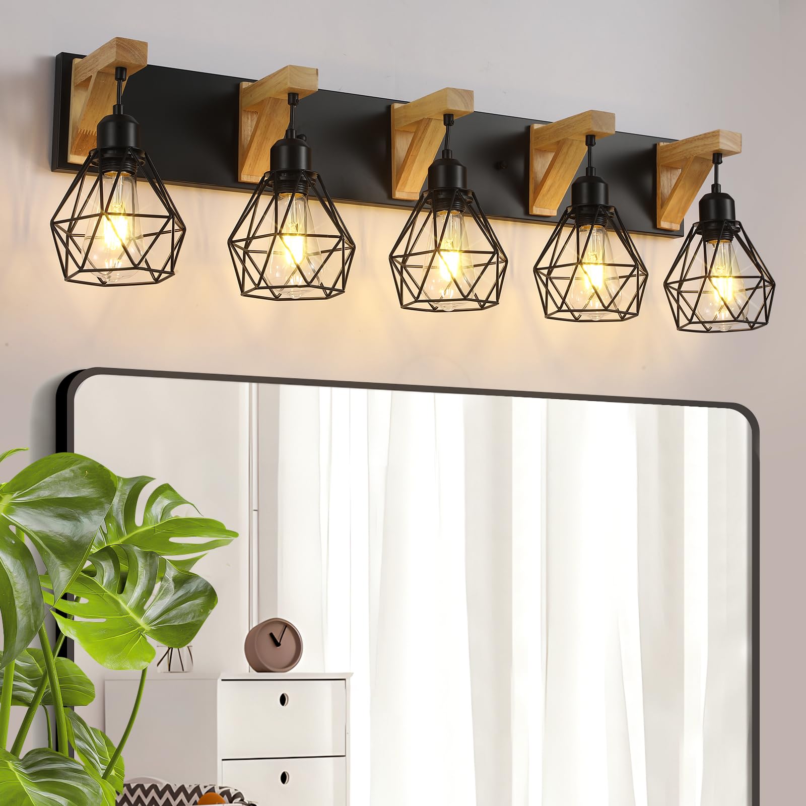 maesta 5-Light Bathroom Vanity Light Fixture, Rustic Metal Sconces, Wood Design, Black, Model MA017