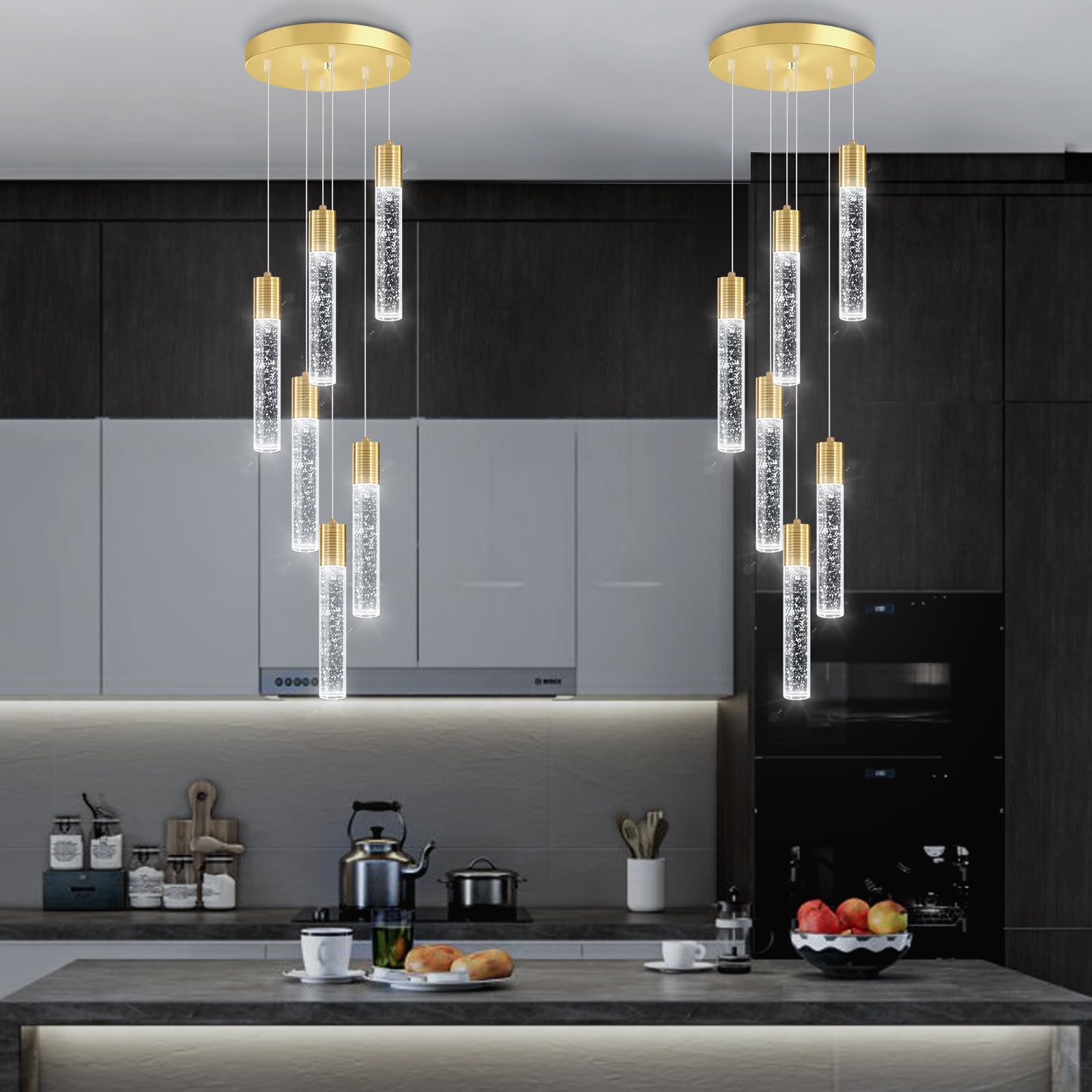 dolria 6-Lights Modern Crystal Chandeliers for Dining Room Kitchen Island Crystal Pendants Light Fixture High Ceiling Hanging for Entryway Bedroom Foyer 6000K