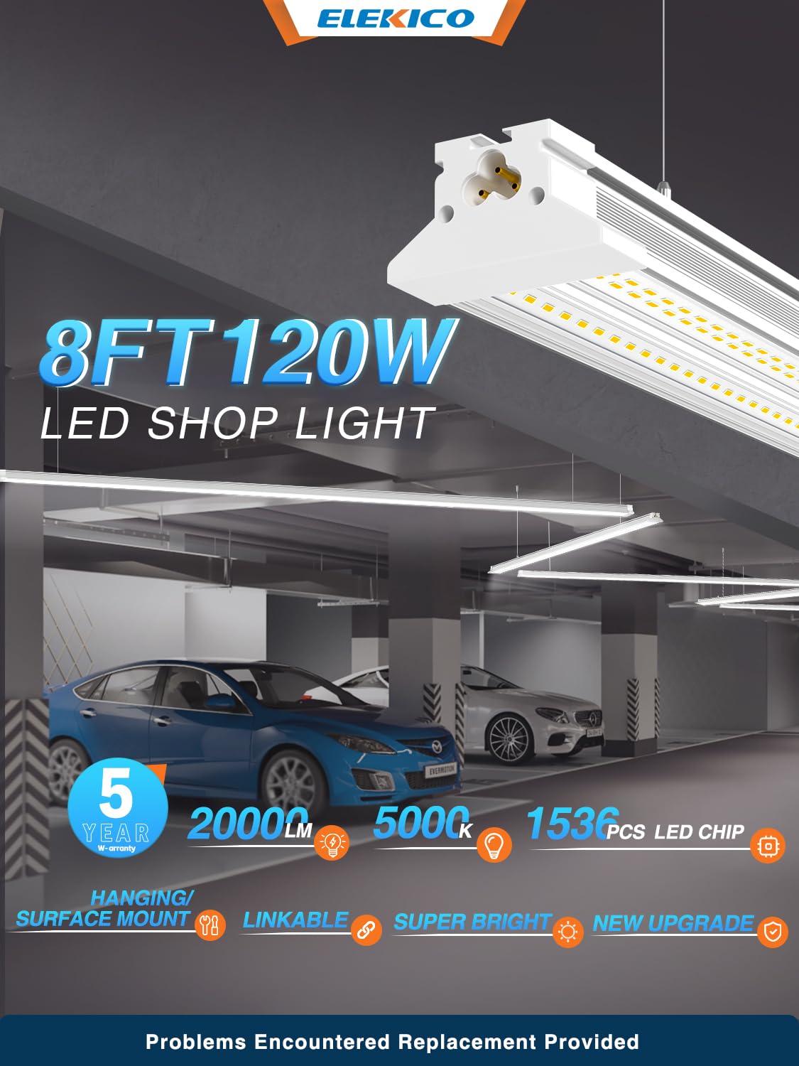 Elekico Led Shop Lights 8Ft, New Upgrade Hanging/Surface Mount 5000K 20000Lm 120W 8' Led Shop Lights, Super Bright Linkable 8Ft