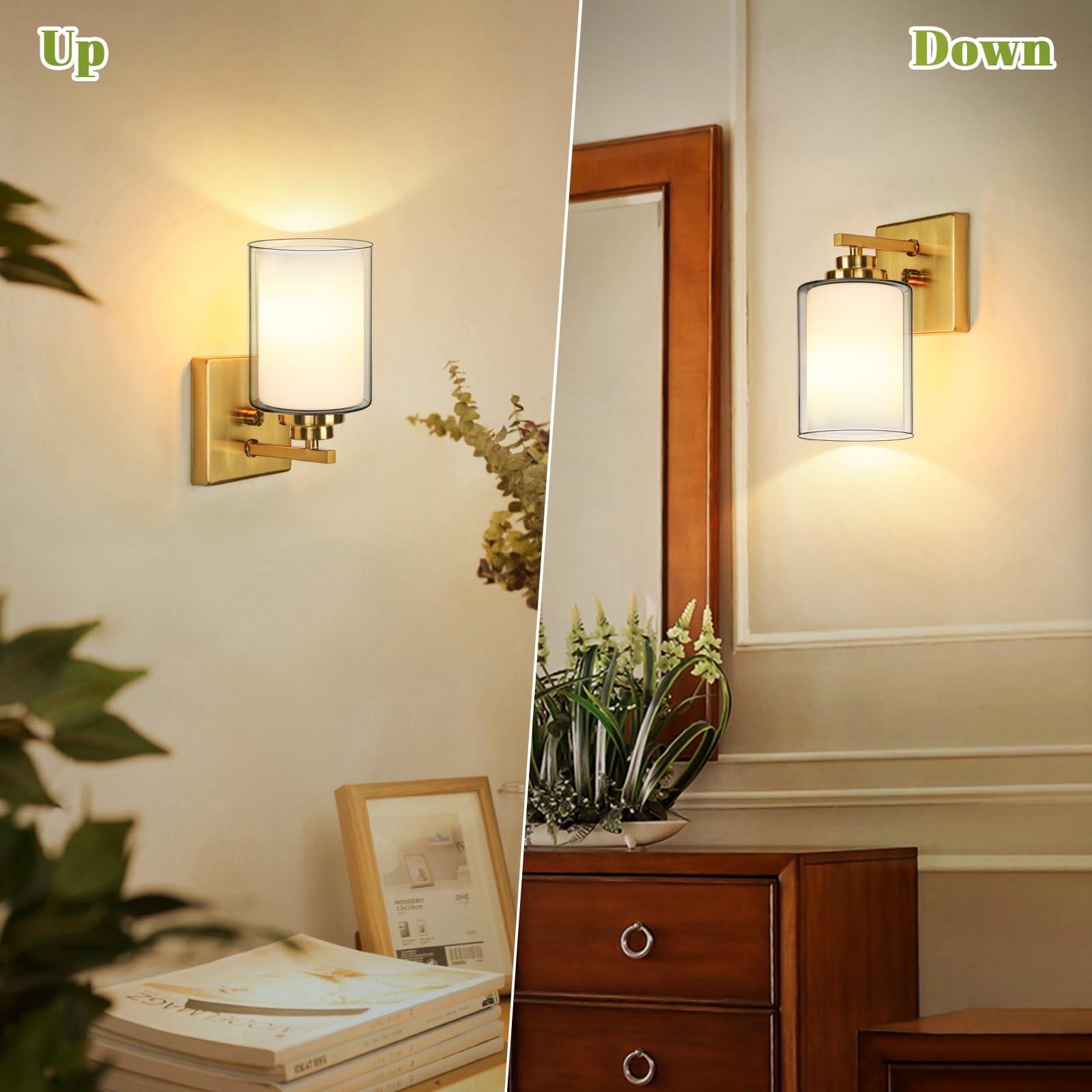 Set Of 2 Wall Sconces For Bathroom  Modern Vanity Light Fixtures  Gold Wall Mount Lighting Lanterns  Farmhouse Wall Lights With Double Clear Glass Shade For Bedroom Living Room Mirror Hallway