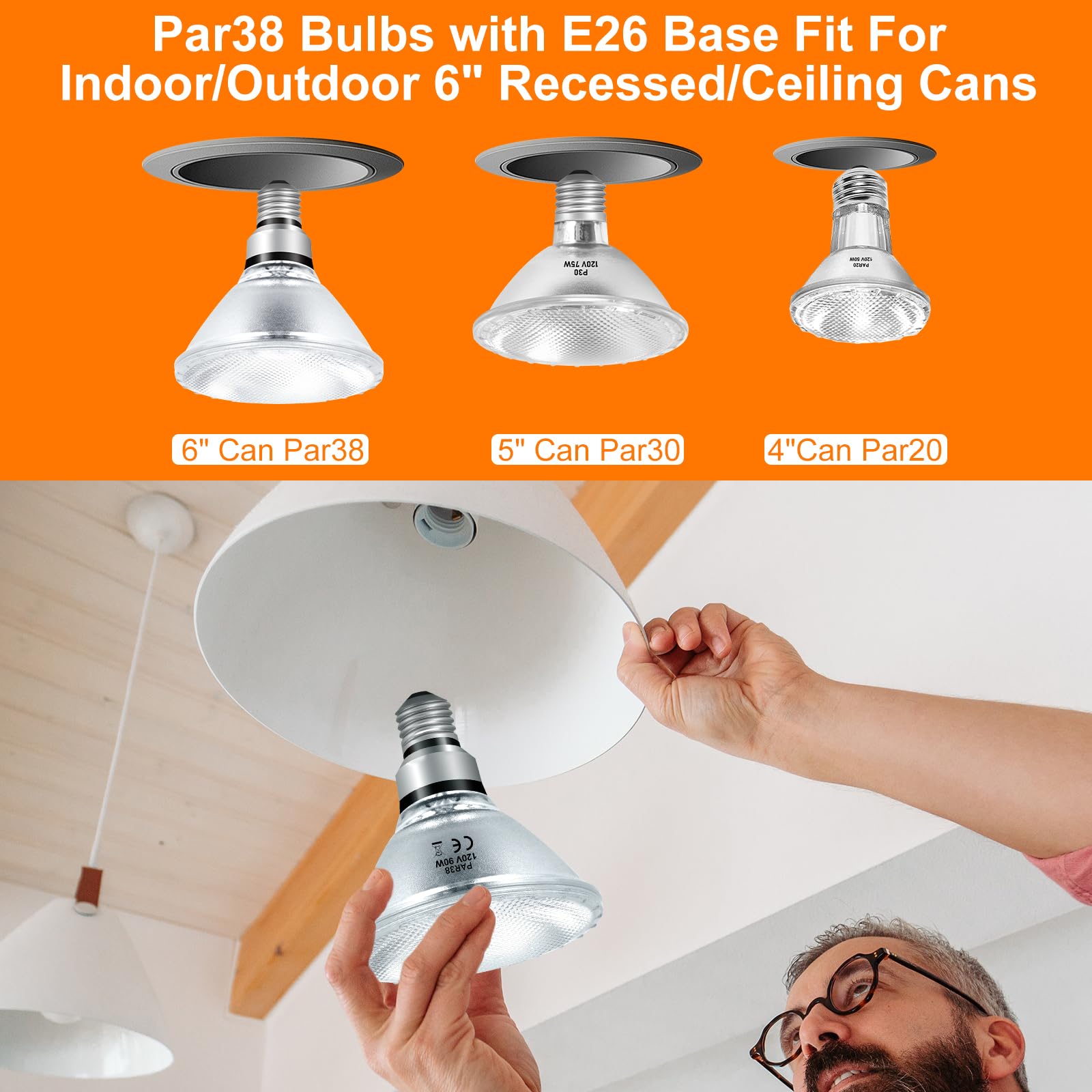 Jaenmsa 90W Halogen Floodlight Bulbs, Dimmable PAR38, Warm White 2800K, 2 Pack, E26 Base, Indoor/Outdoor Lighting