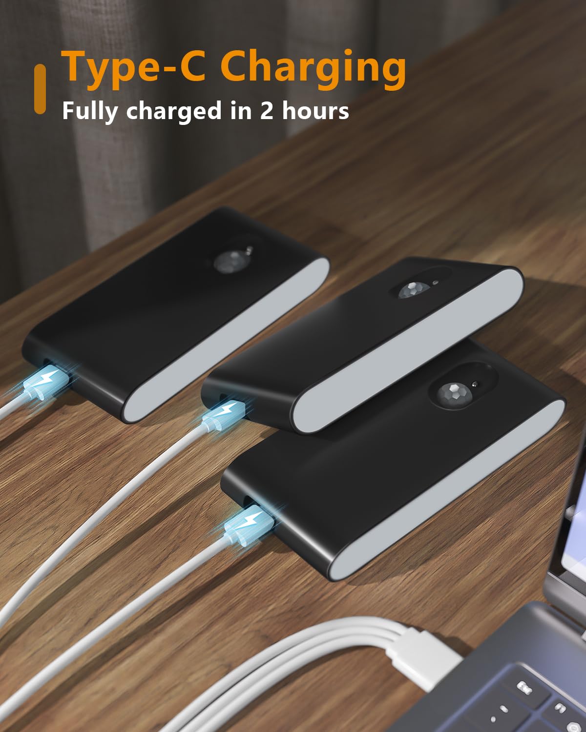 WILLED Rechargeable Night Light, Wireless Motion Sensor, Battery Powered, Plastic, Black, 6 Pack, Model B0DBTR13ZF