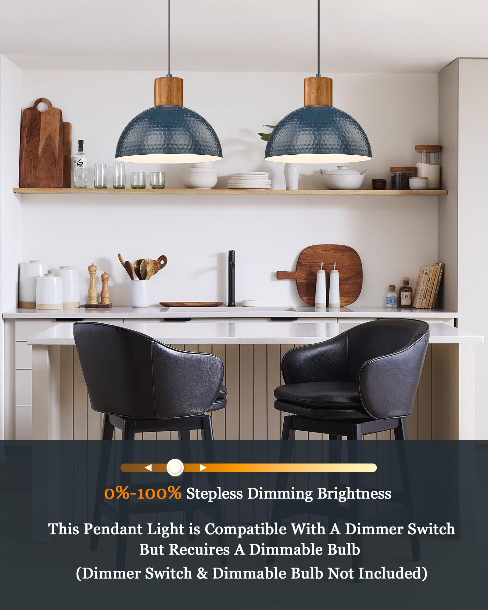 Elyona Modern Pendant Light Fixtures With 12&quot; Hammered Metal Shade Solid Wood Dome Hanging Pendant Light For Farmhouse Kitchen Island Dining Room Sink Bedroom Hallway Medium 2 Pack Blue