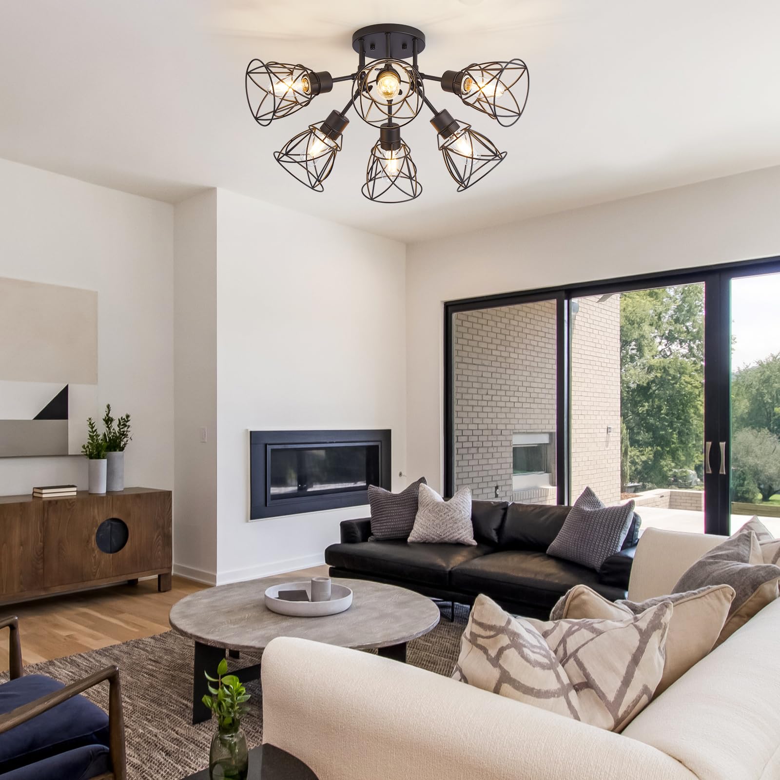 Hdasic 6-Light Semi Flush Mount Ceiling Light, Industrial Large Matte Black Kitchen Lighting Fixtures Ceiling With Metal Cage Sh