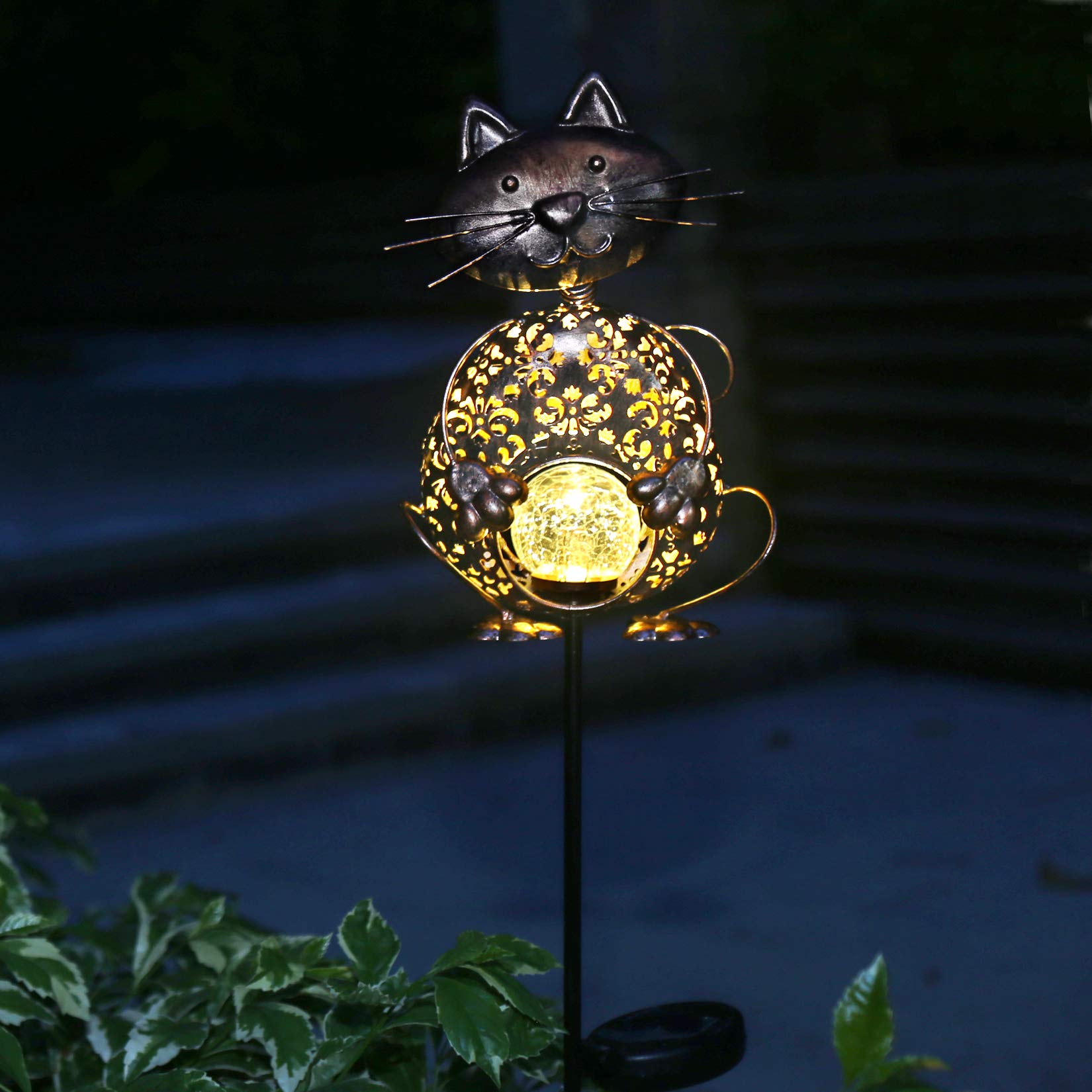 KAIXOXIN Solar Garden Lights, Waterproof Warm White LED, Metal Cat Design, Cat-Bronze